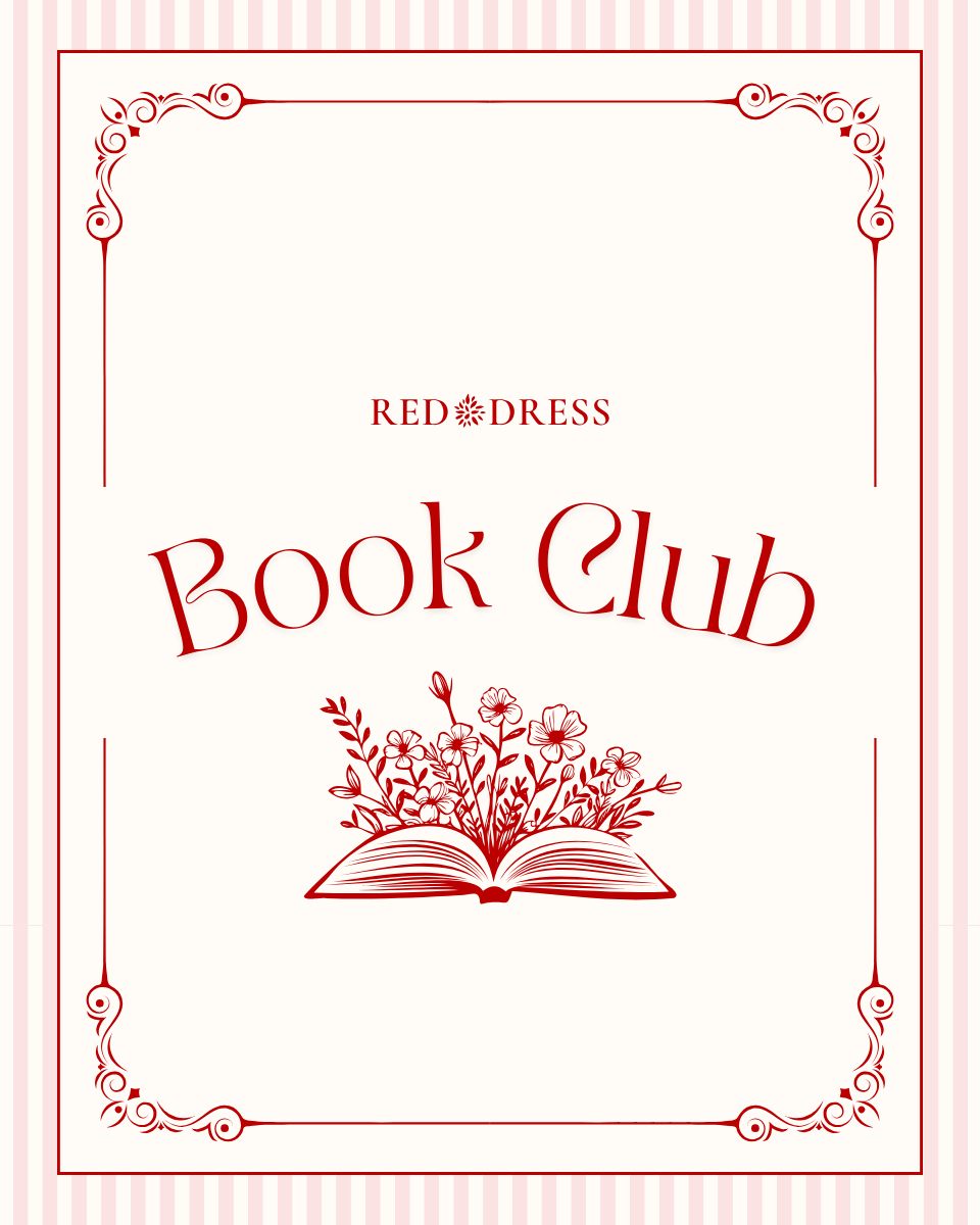 "Red Dress Book Club" with a book logo and flowers blooming from the pages.