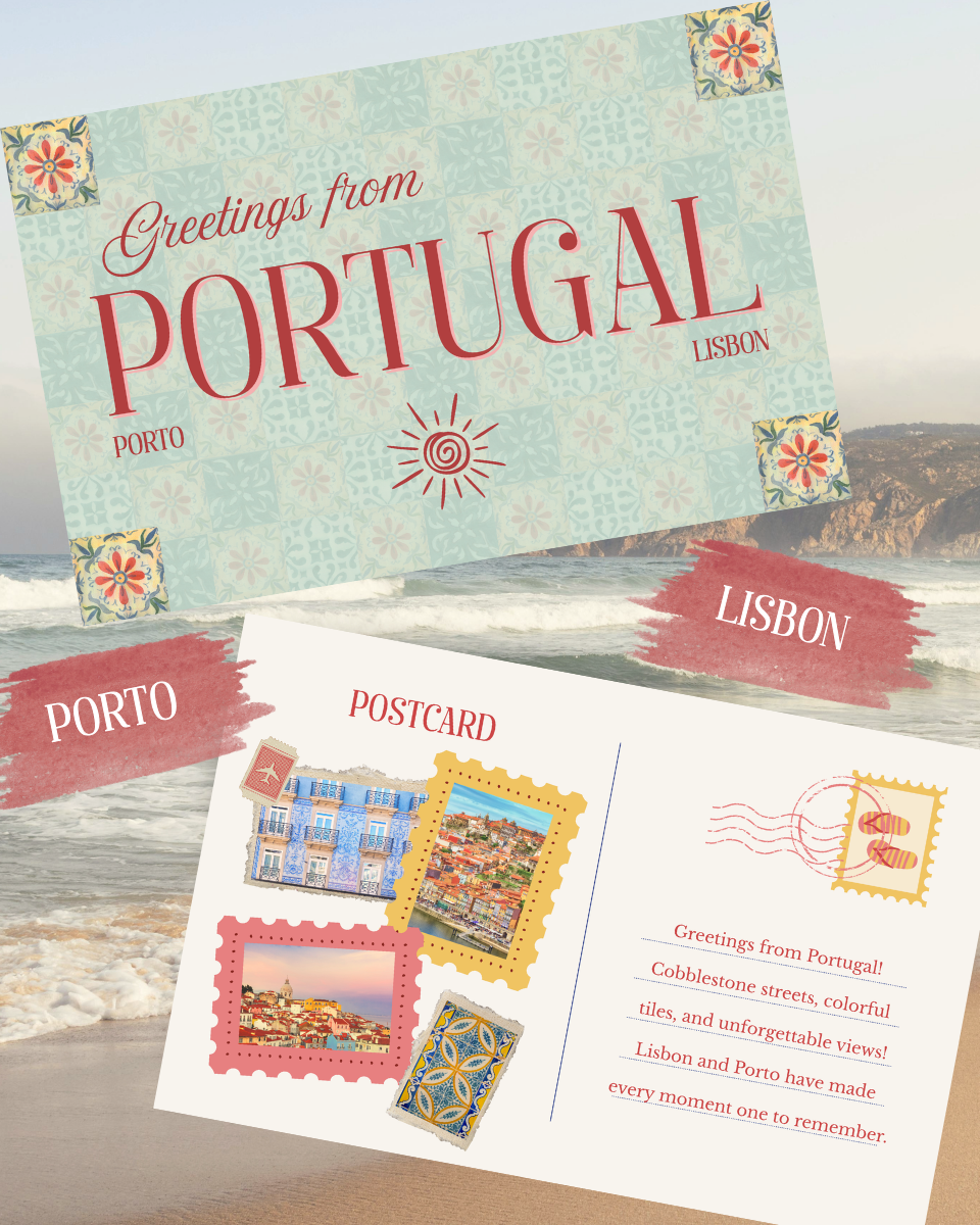 Coastal backdrop of Portugal with a postcard and text overlay.