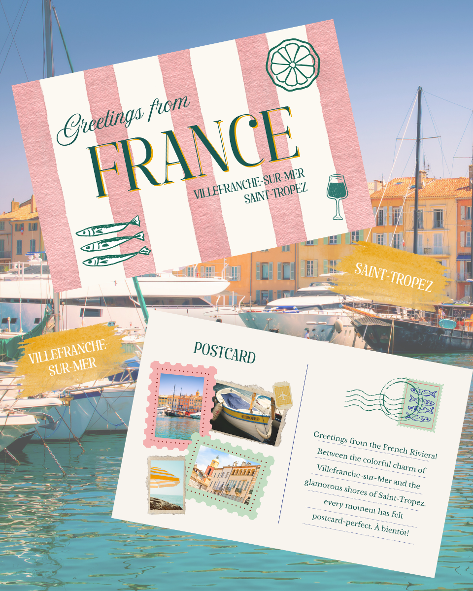 Greetings from France postcard in front of a French Riviera backdrop.