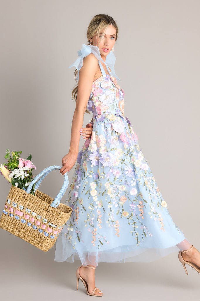 Light Blue Floral Embroidered Maxi Dress