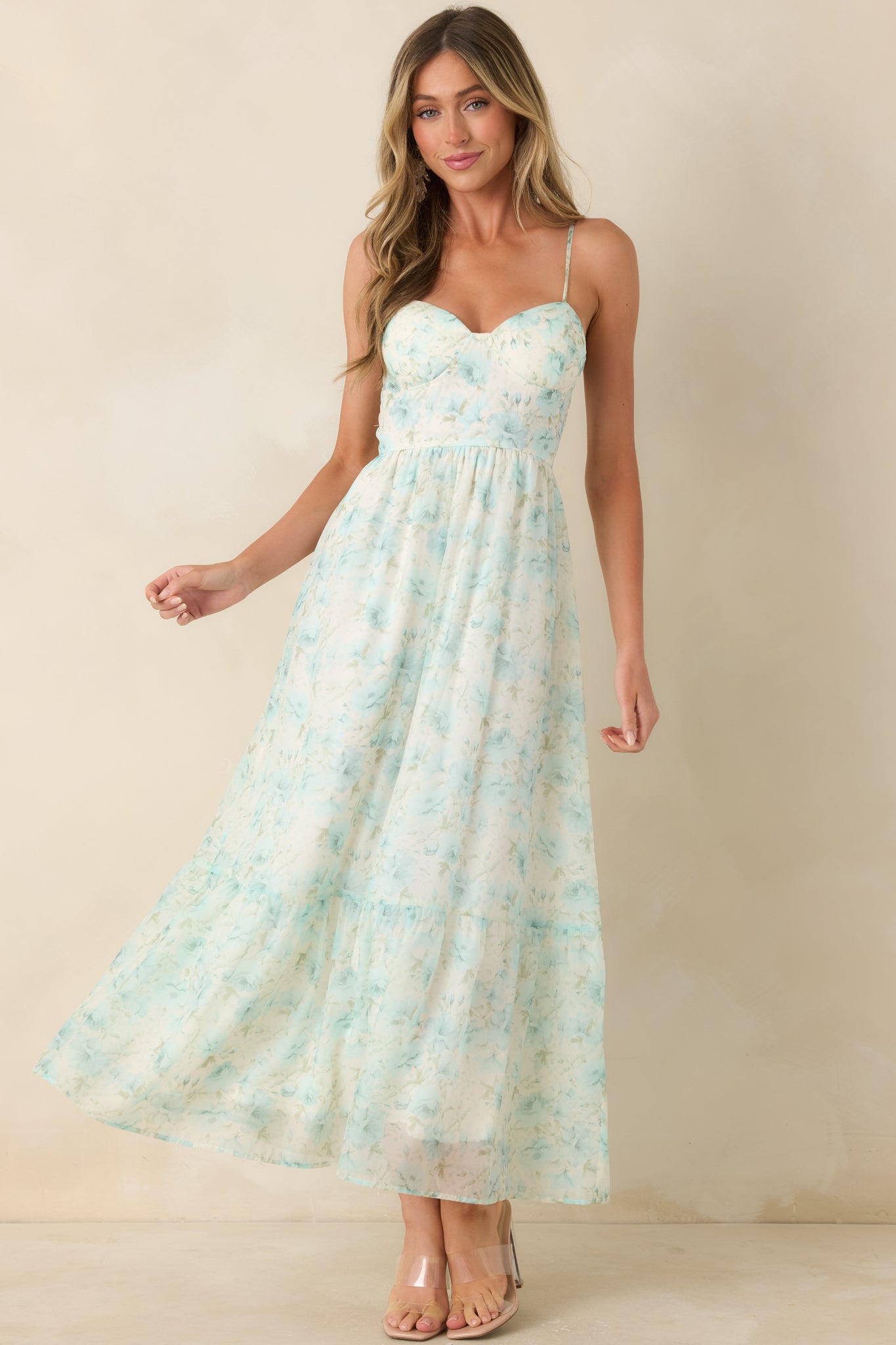 Red Dress | Aqua Blue Floral Bustier Maxi Dress