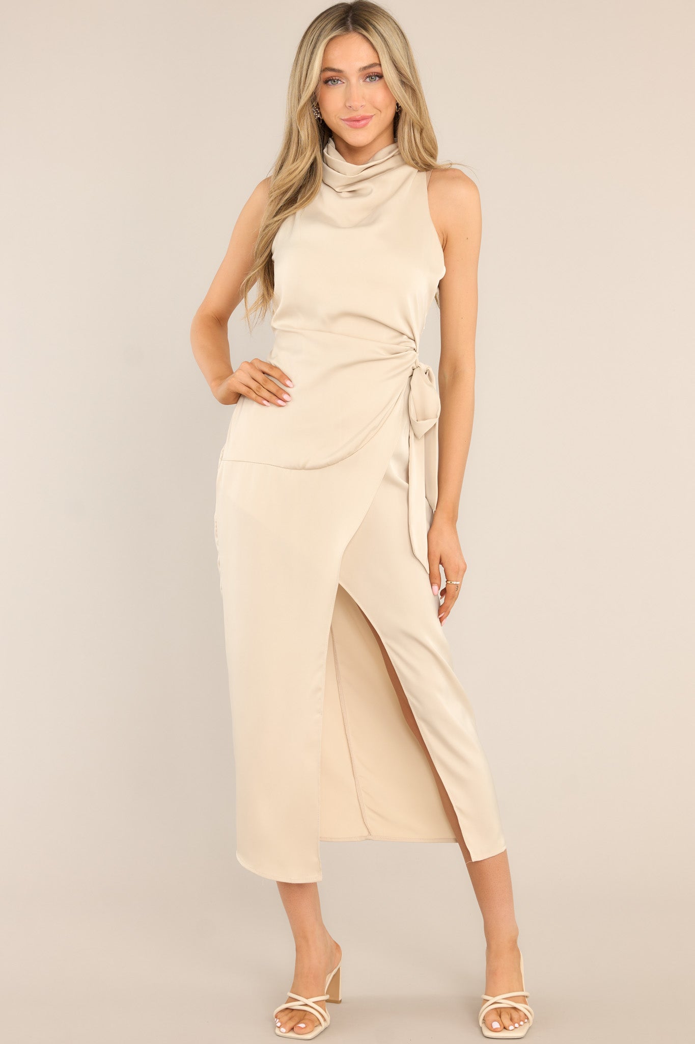Beige High Cowl Neck Midi Dress - All Dresses | Red Dress Beige High Cowl Neck Midi Dress - All Dresses | Red Dress