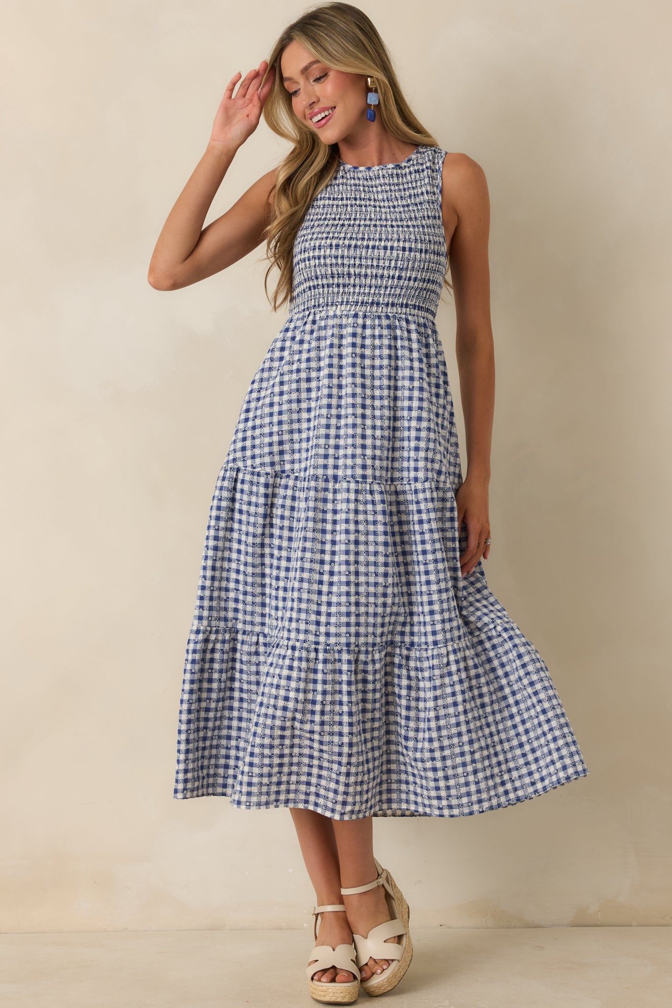 Women's Picnic Promises Blue Gingham Eyelet Cotton Midi Dress | Size: L