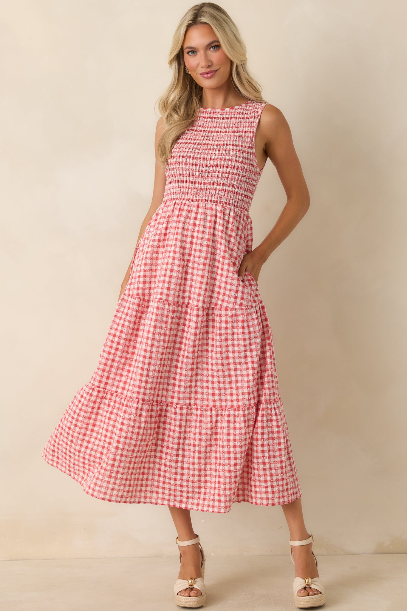 cotton midi dresses Picnic Promises Red Gingham Eyelet Cotton Midi Dress