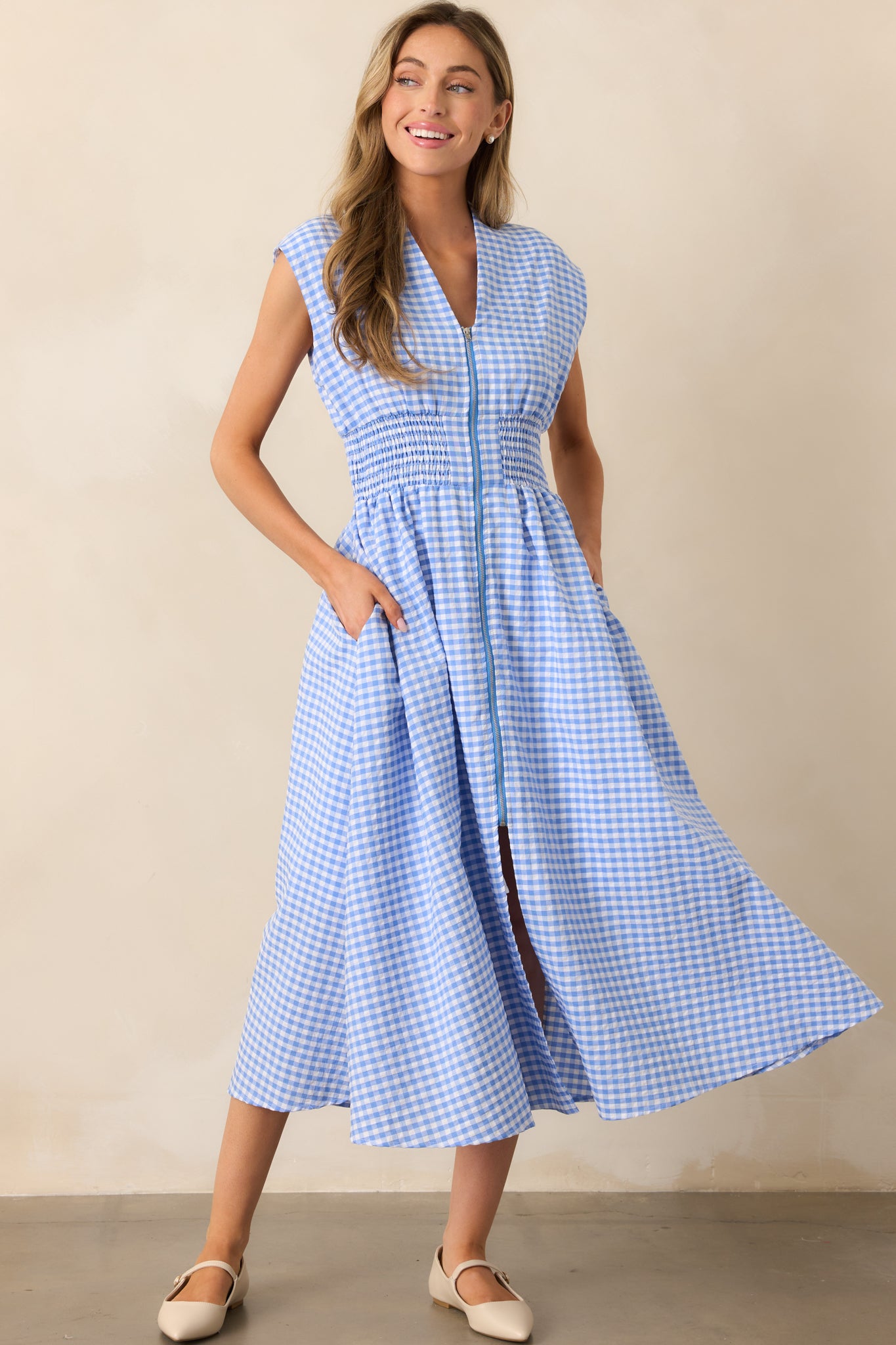 Blue Gingham Zip Front Midi Dress - All Dresses | Red Dress Blue Gingham Zip Front Midi Dress - All Dresses | Red Dress