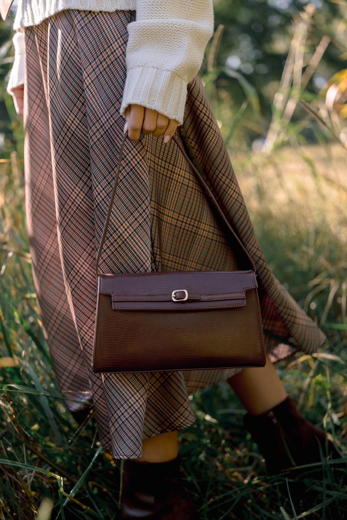 Signed And Sealed Brown Faux Leather Textured Shoulder Bag