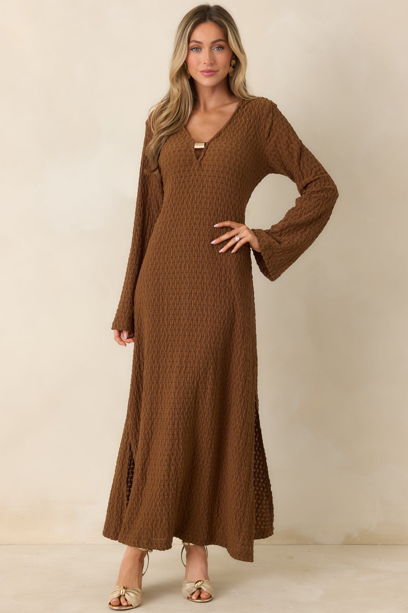 Full body view of a semi-sheer brown maxi dress with long sleeves and a flattering, fluid shape.