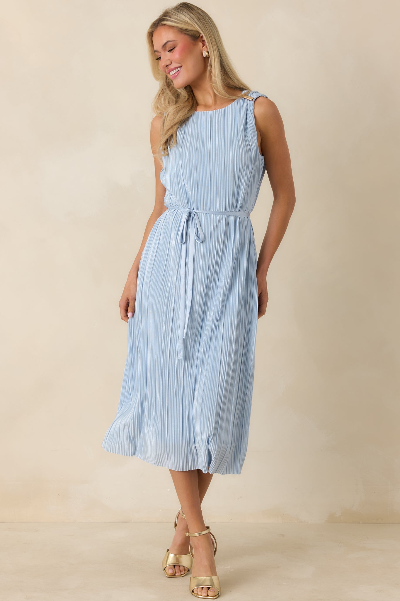 Afterglow Light Blue Pleated Midi Dress