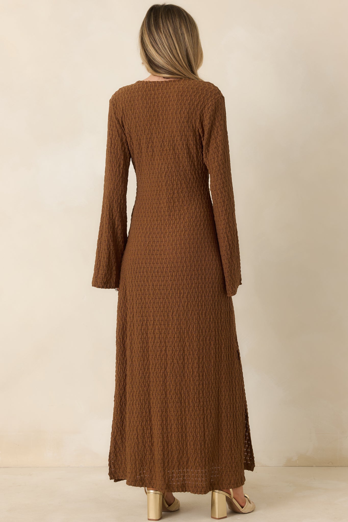 Back view of a brown semi-sheer maxi dress with long sleeves and flowing silhouette, highlighting textured fabric.