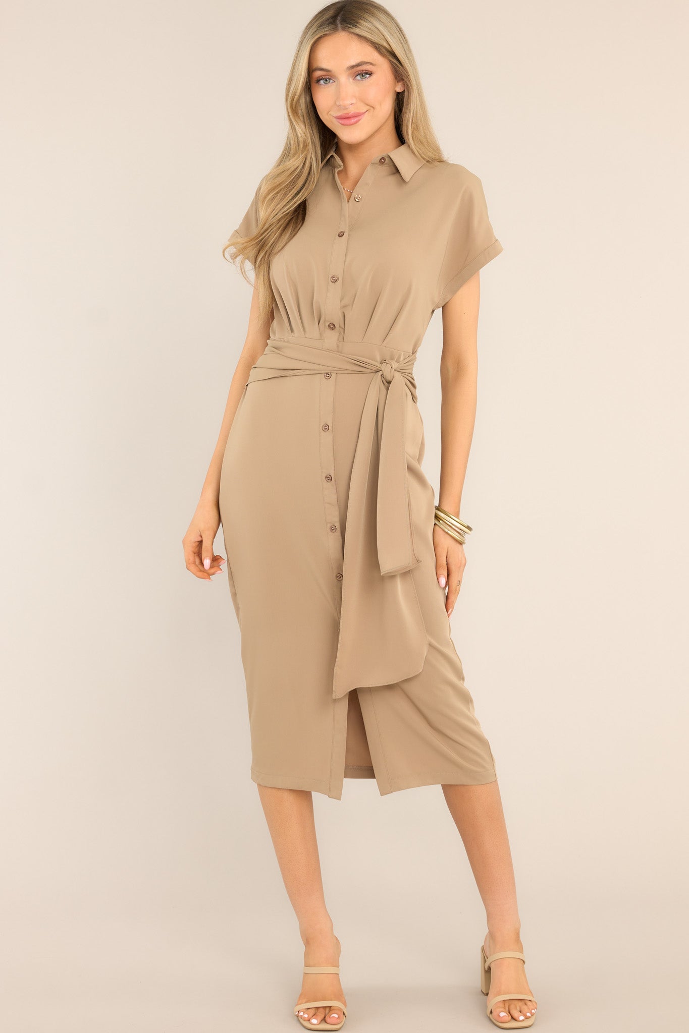 Flattering Tan Button Front Midi Dress - All Dresses | Red Dress Flattering Tan Button Front Midi Dress - All Dresses | Red Dress
