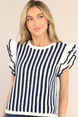 Front view of this top that showcases the vertical striped pattern of the fabric.