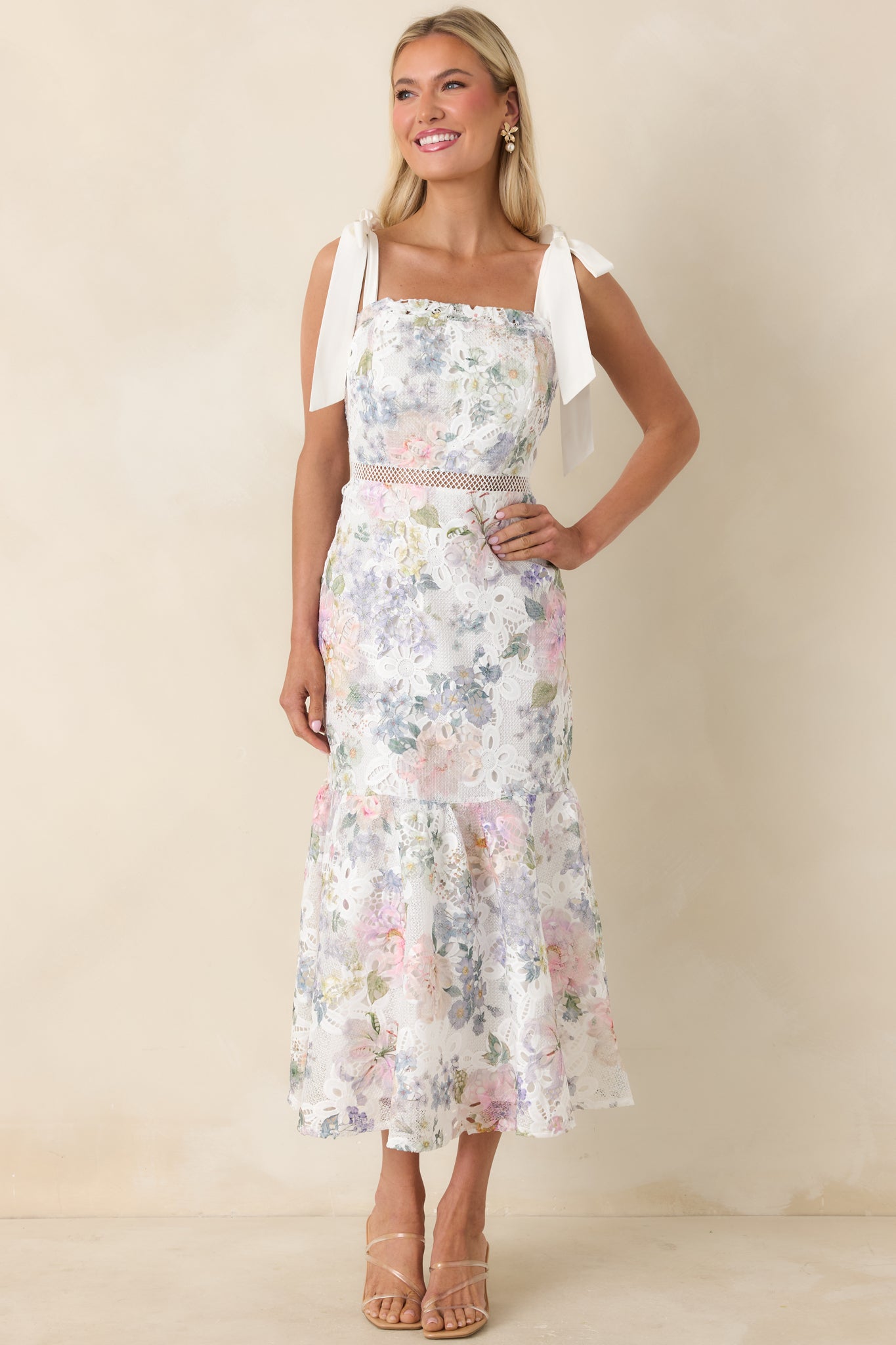 Full front view of the dress showcasing the straight midi length and elegant lace detailing.