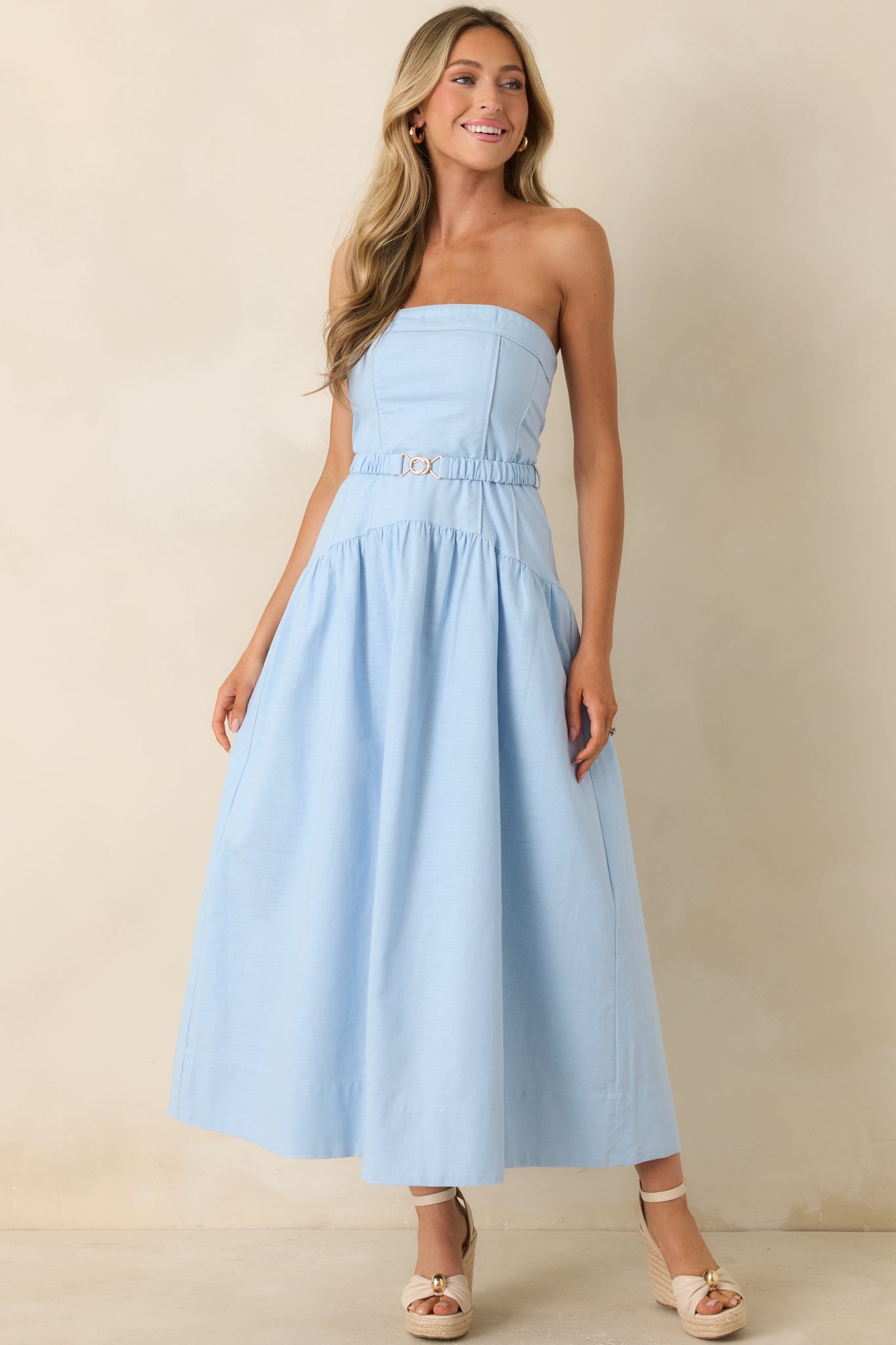 light blue drop waist dress MINKPINK Ines Baby Blue Drop Waist Belt Detail Midi Dress