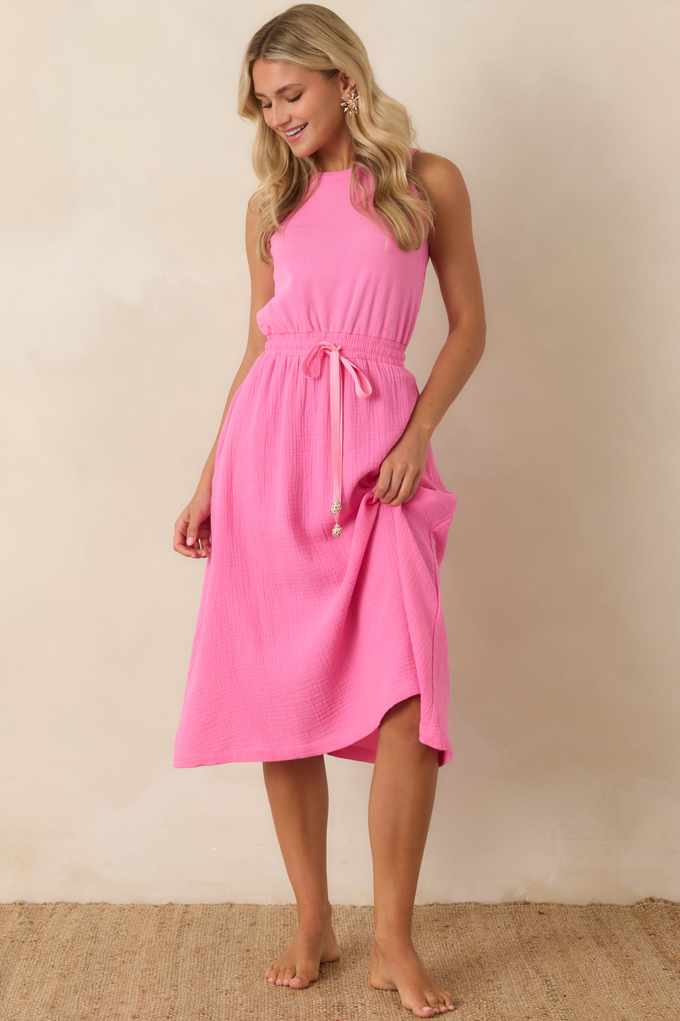 Women's Bonita Pink Cotton Sleeveless Midi Dress | Size: S