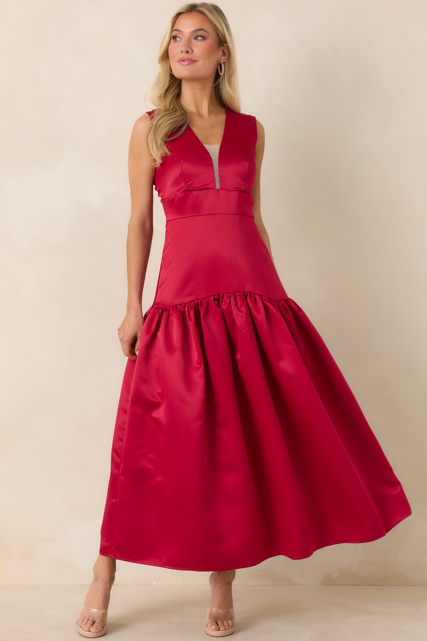 Women's Never Out Of Reach Wine Red Satin Sleeveless Drop Waist Maxi Dress | Size: S