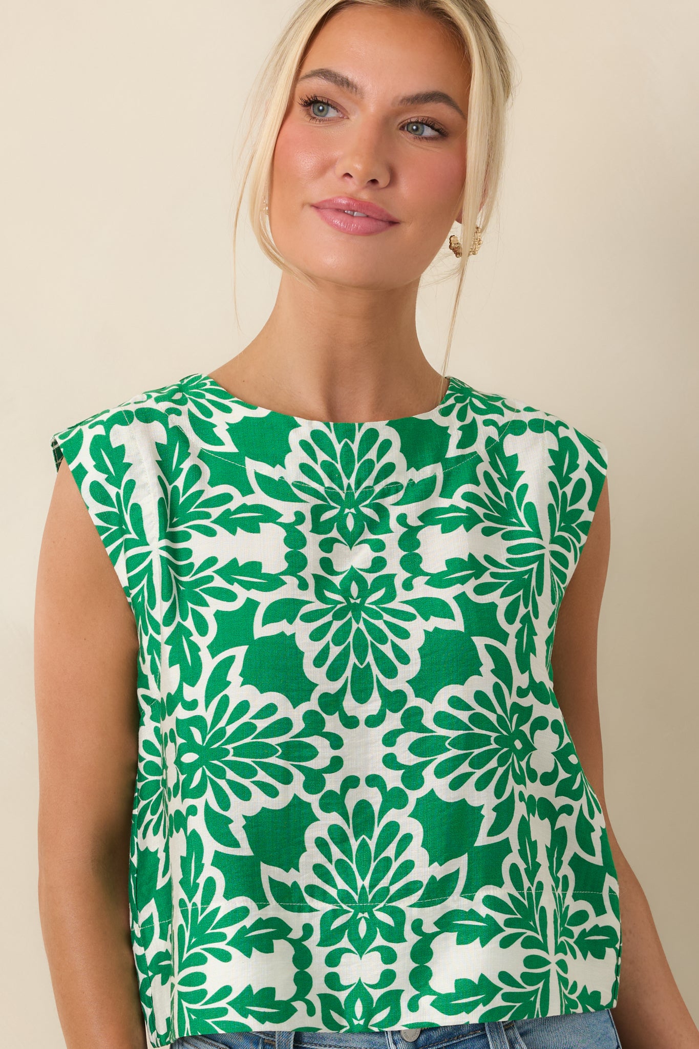 Printed top highlighting the soft fabric and simple neckline finish.