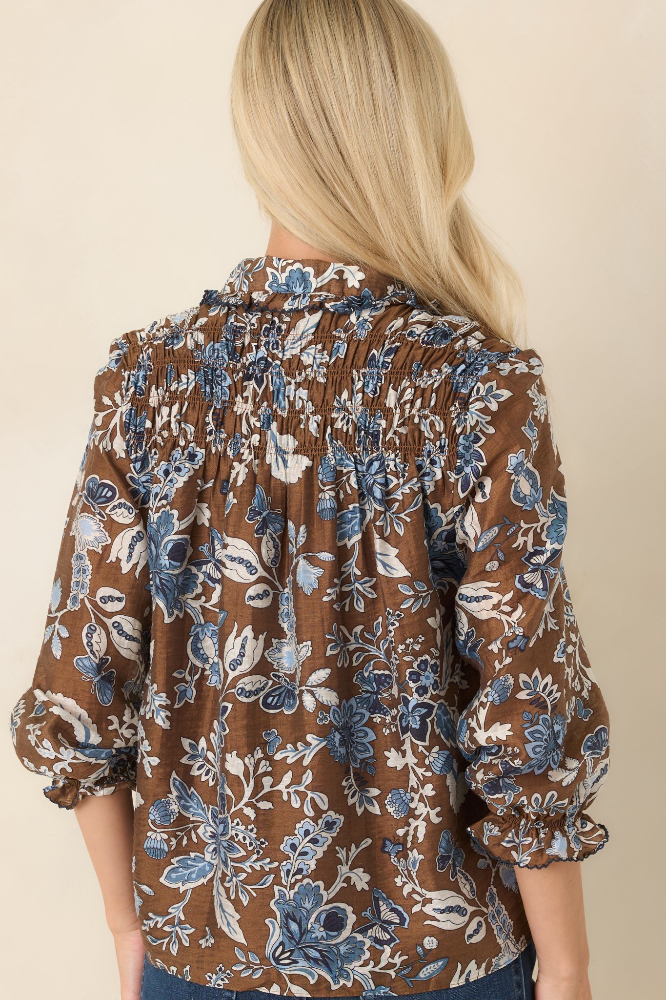 A Story of Her Own Brown & Blue Floral Blouse