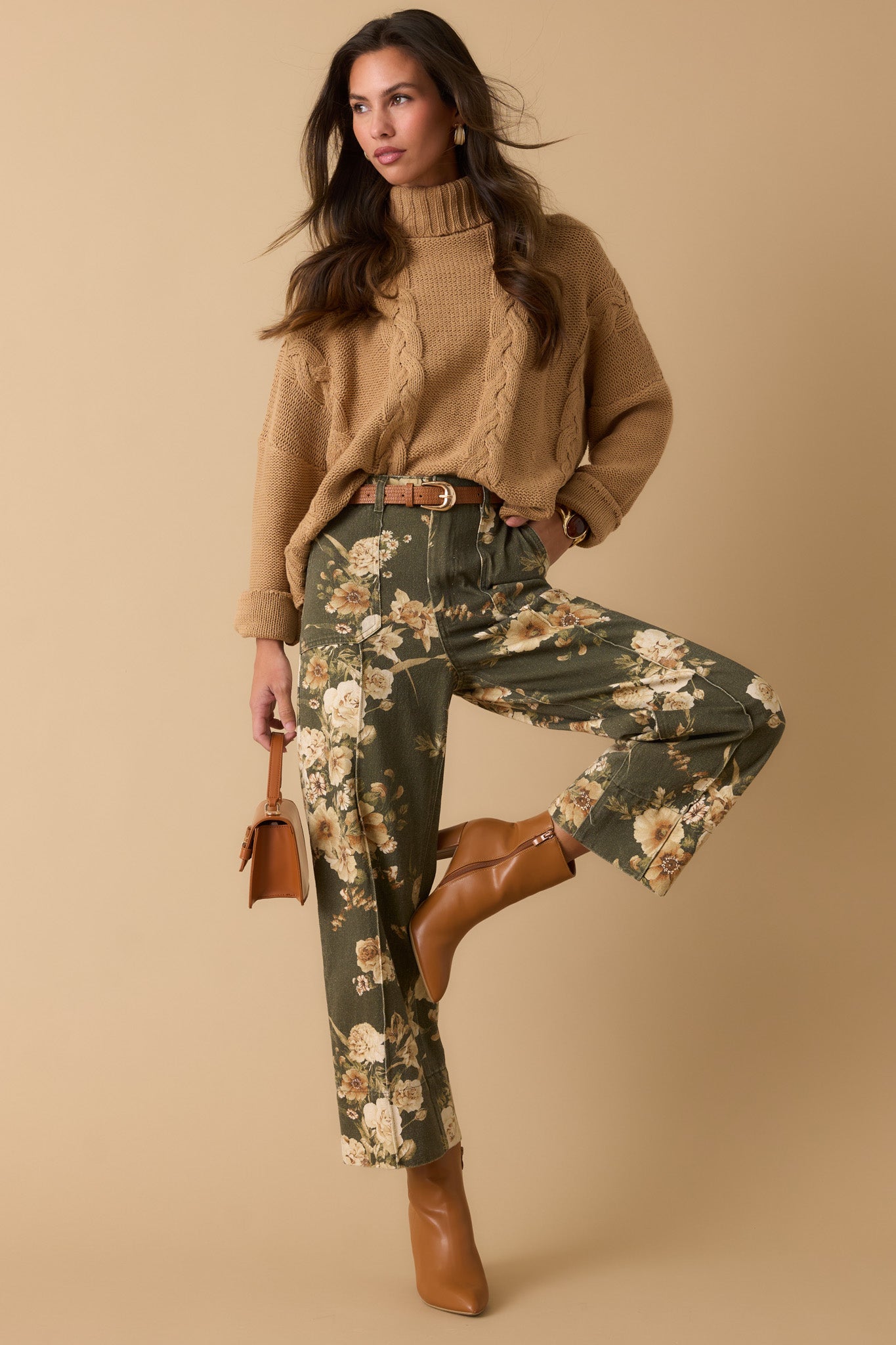 Naturally Speaking Olive & Ivory Floral Cotton Wide Leg Pants | Entro