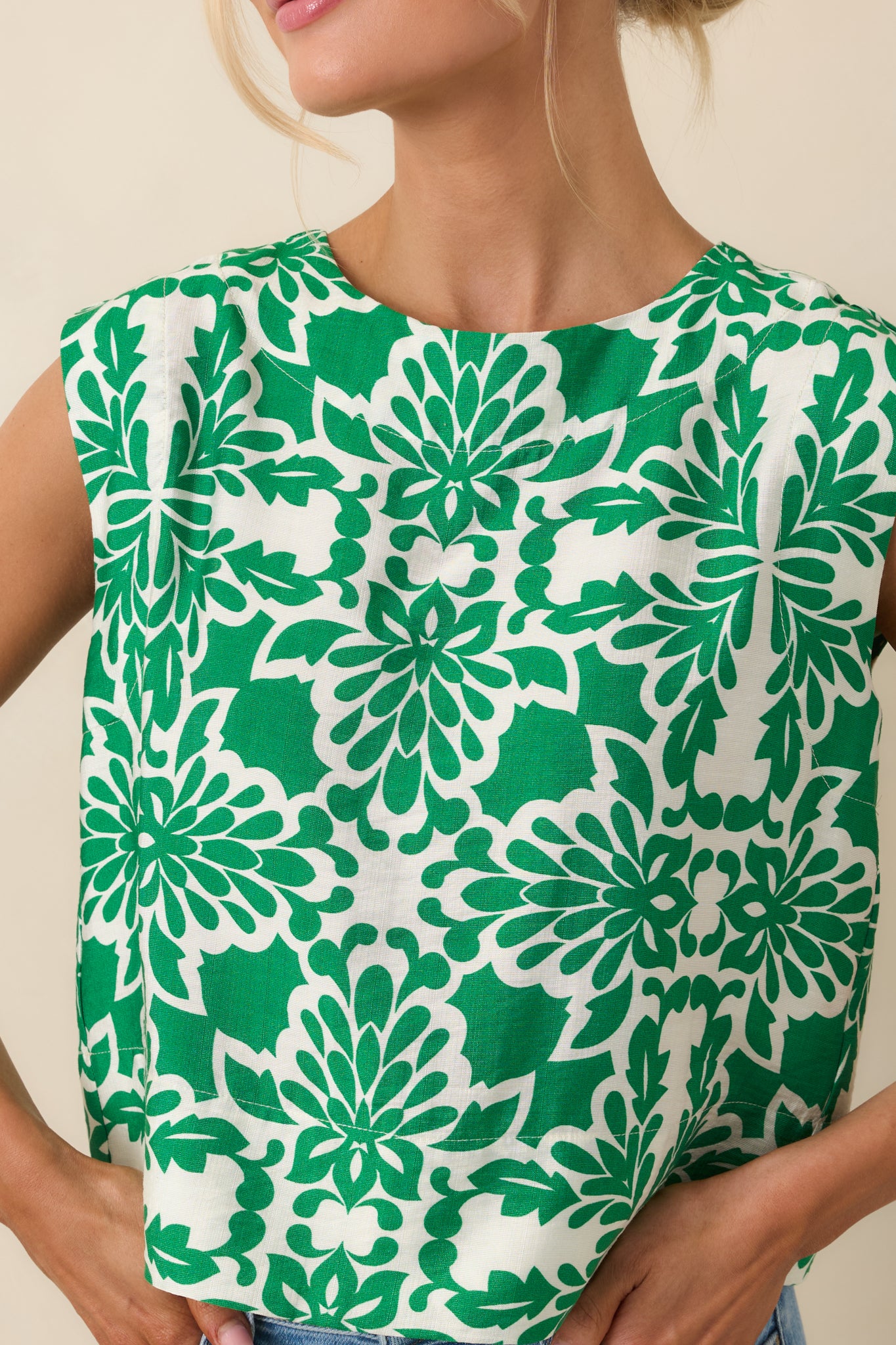 Closer view of the printed fabric and classic crew neckline.