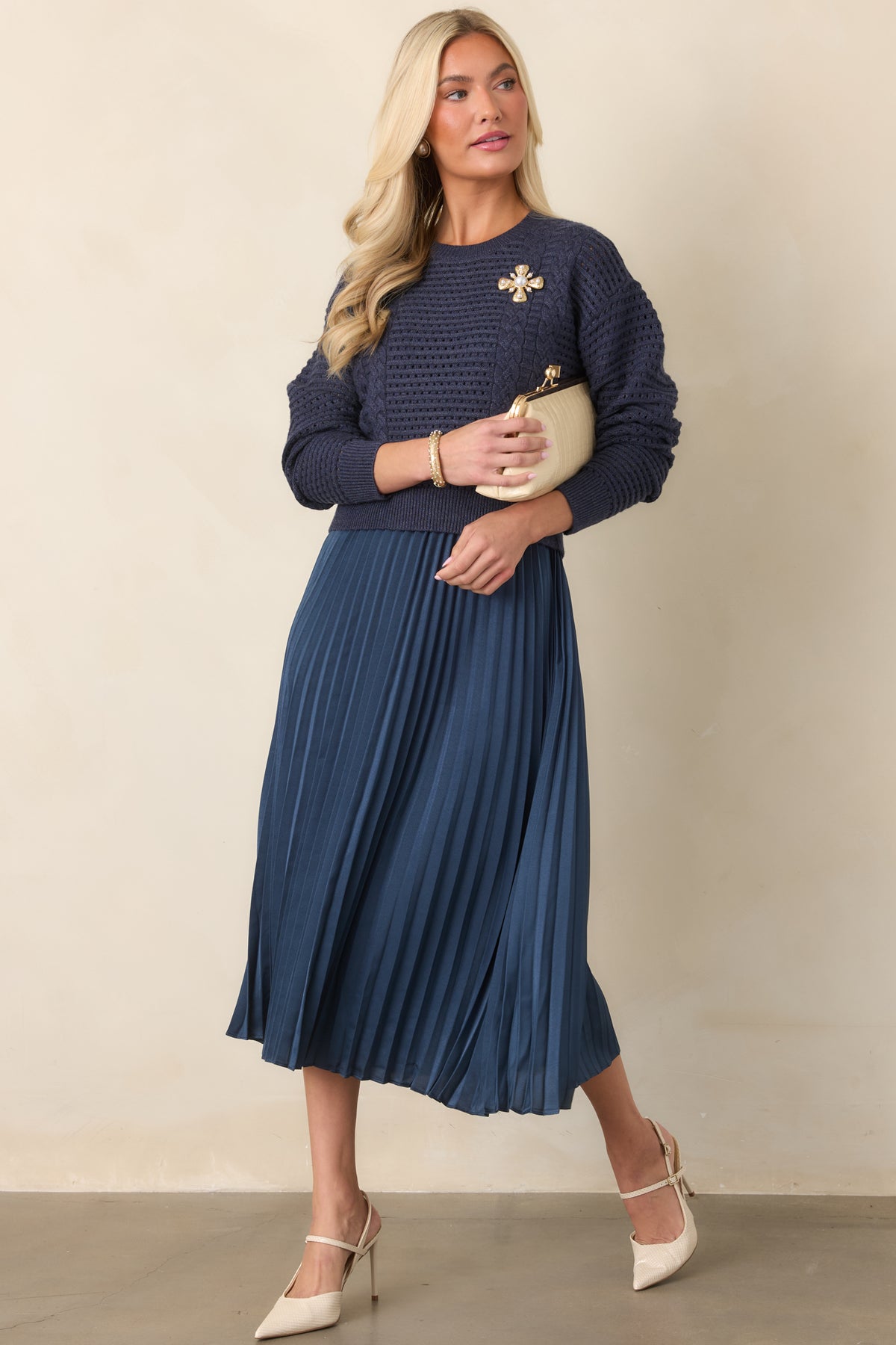 Take A Little Time Navy Knit Sweater Satin Midi Dress Set