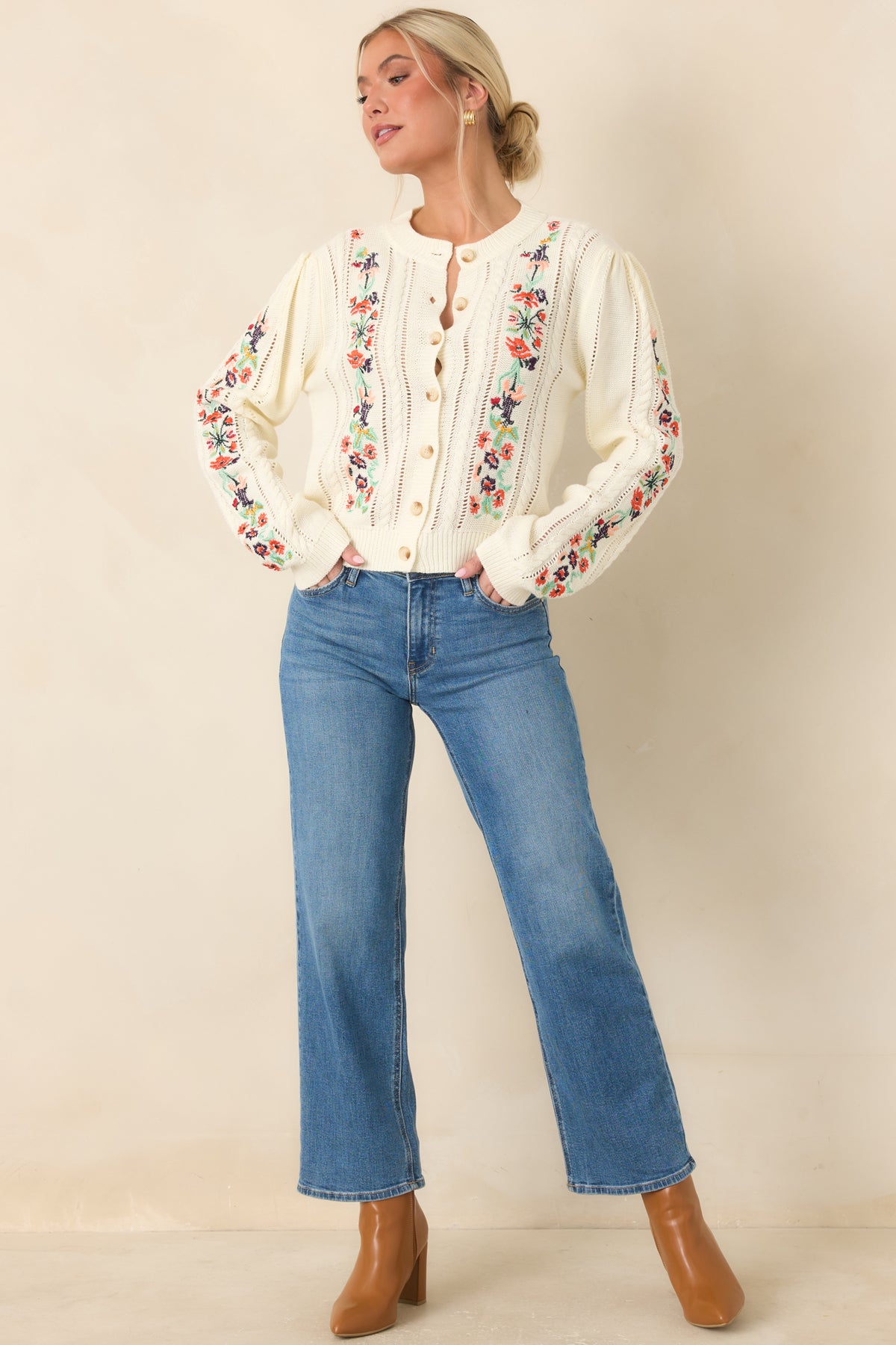 The Sweetest Part Ivory Multi Floral Embroidered Pointelle Cardigan