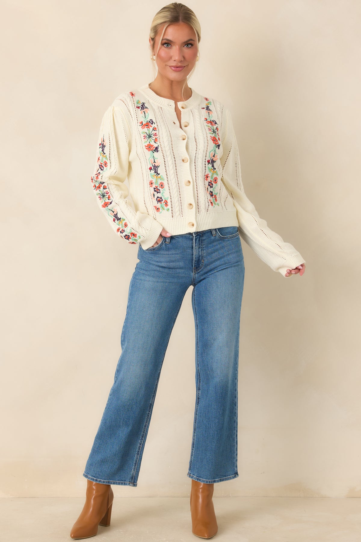 The Sweetest Part Ivory Multi Floral Embroidered Pointelle Cardigan