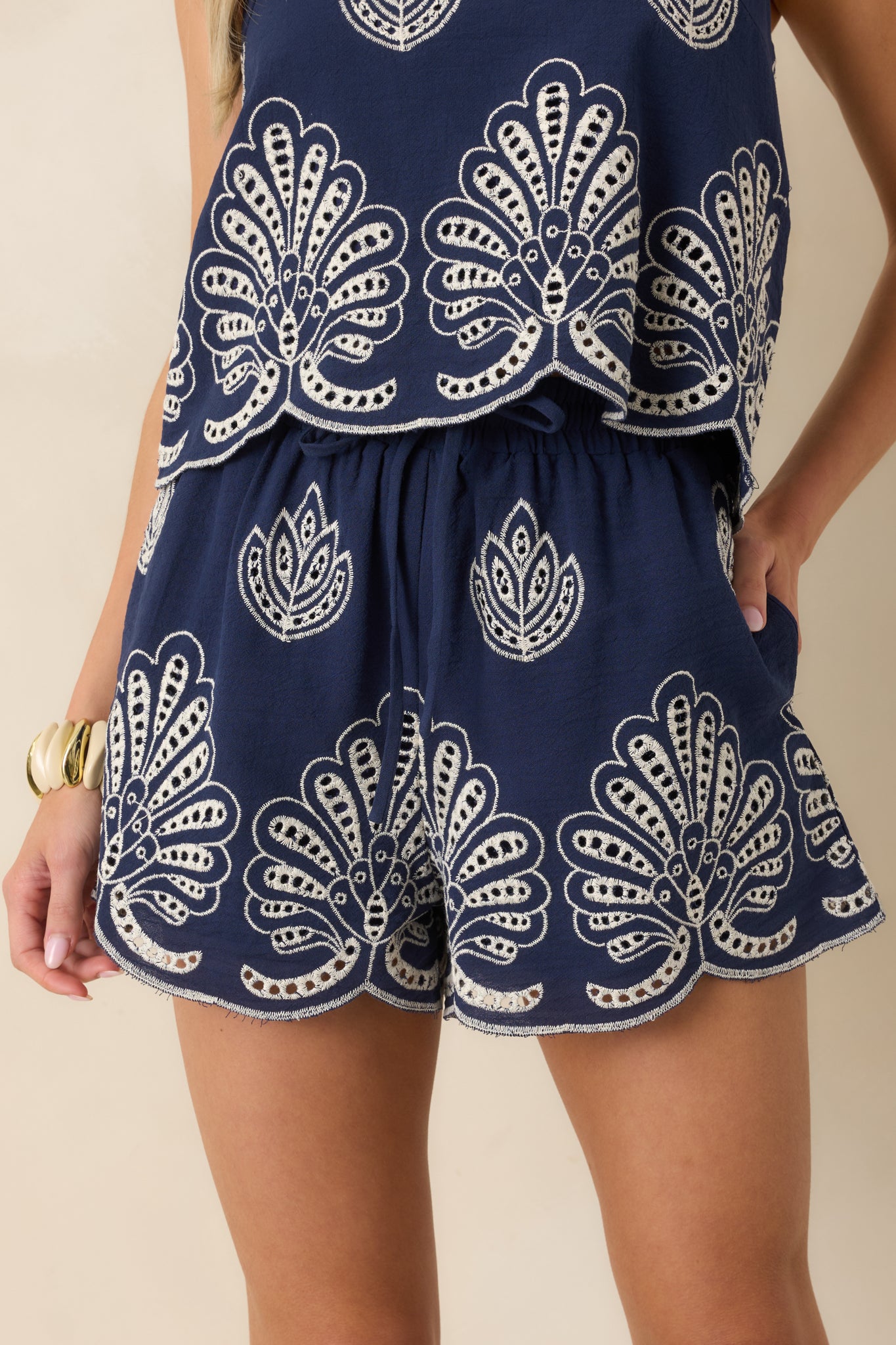 Women's All The Possibilities Navy Cotton Embroidered Eyelet Shorts | Size: M | Red Dress