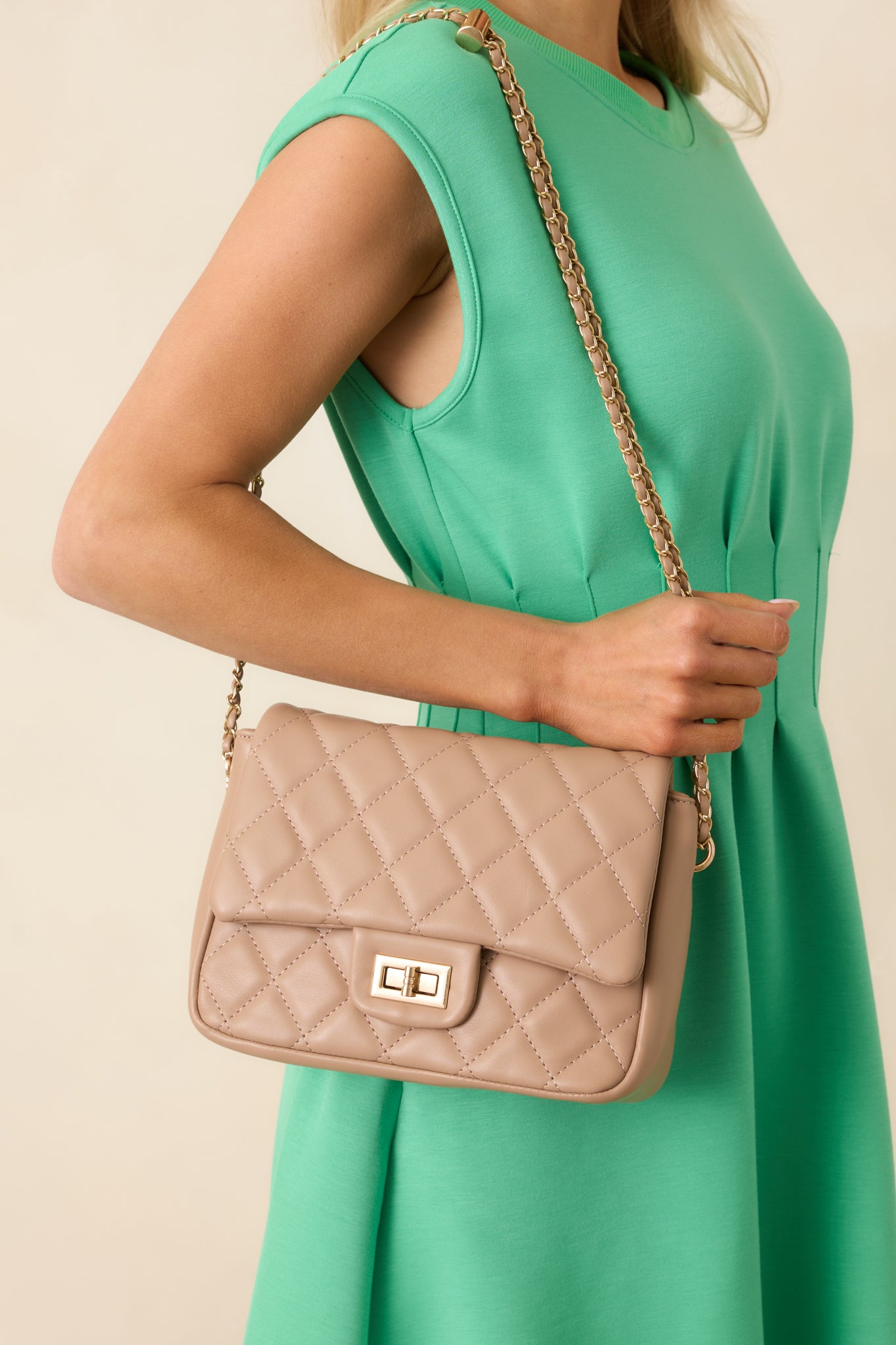 Taupe Quilted Chain Strap Handbag - All Accessories | Red Dress