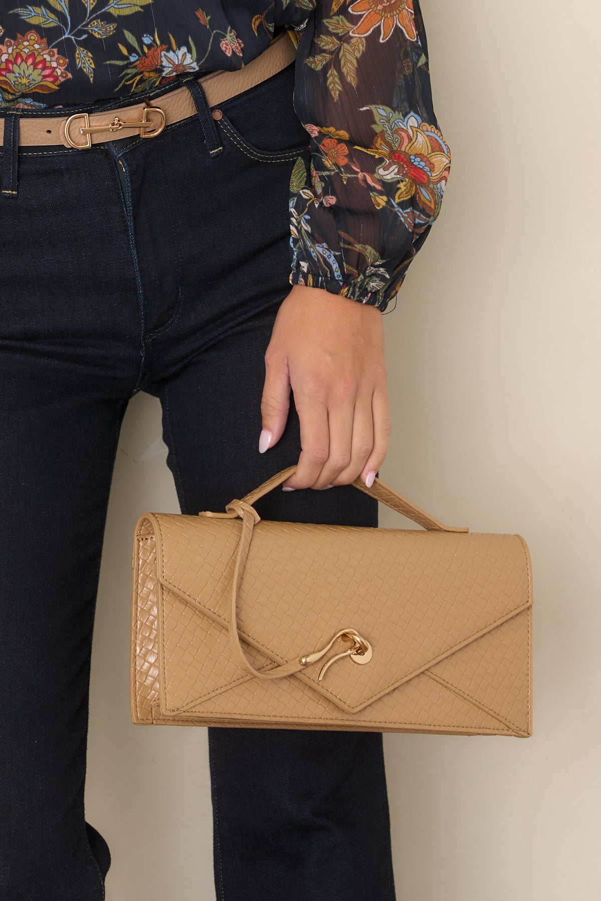 Sealed With A Kiss Tan Woven Top Handle Envelope Clutch