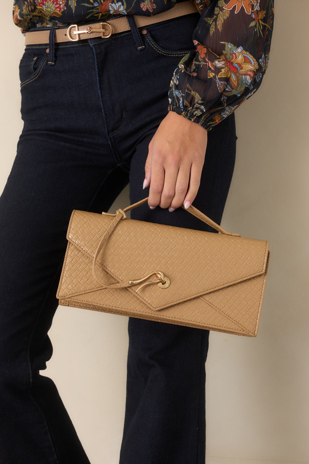 Sealed With A Kiss Tan Woven Top Handle Envelope Clutch