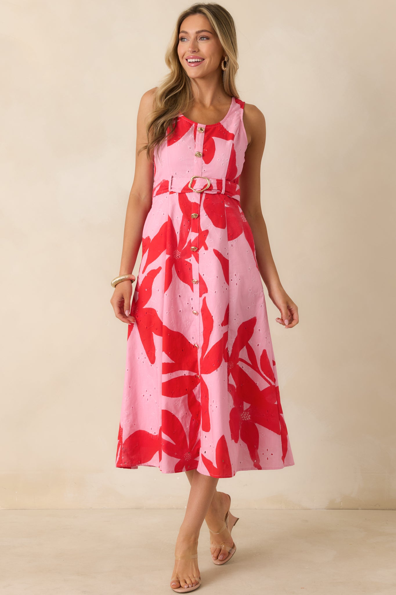 red embroidered midi dress Women's The Poetry of You Pink & Red Floral Embroidered Eyelet Cotton Midi Dress | Size: S