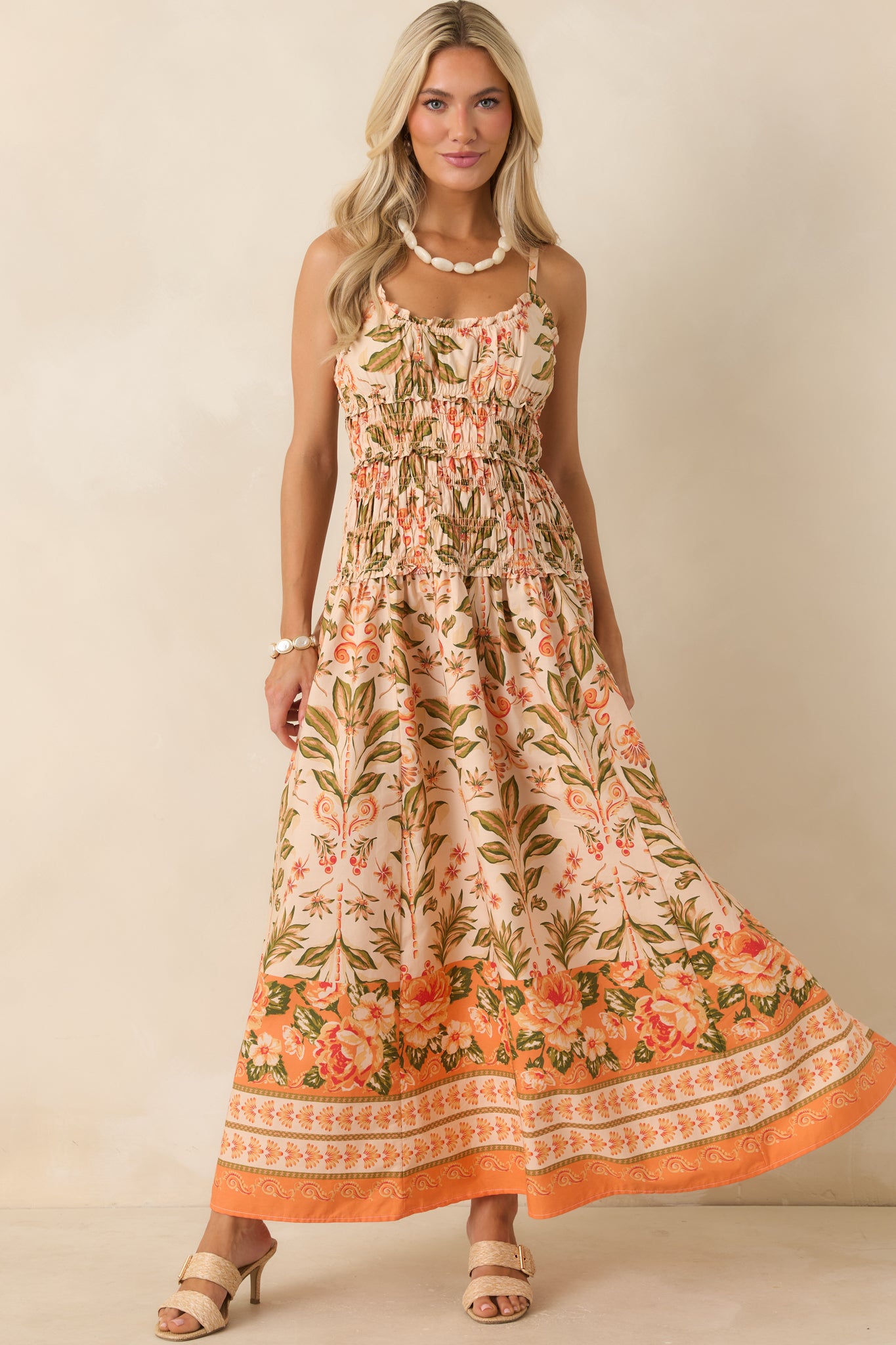 Red Dress | Peach & Green Floral Cotton Maxi Dress Red Dress | Peach & Green Floral Cotton Maxi Dress