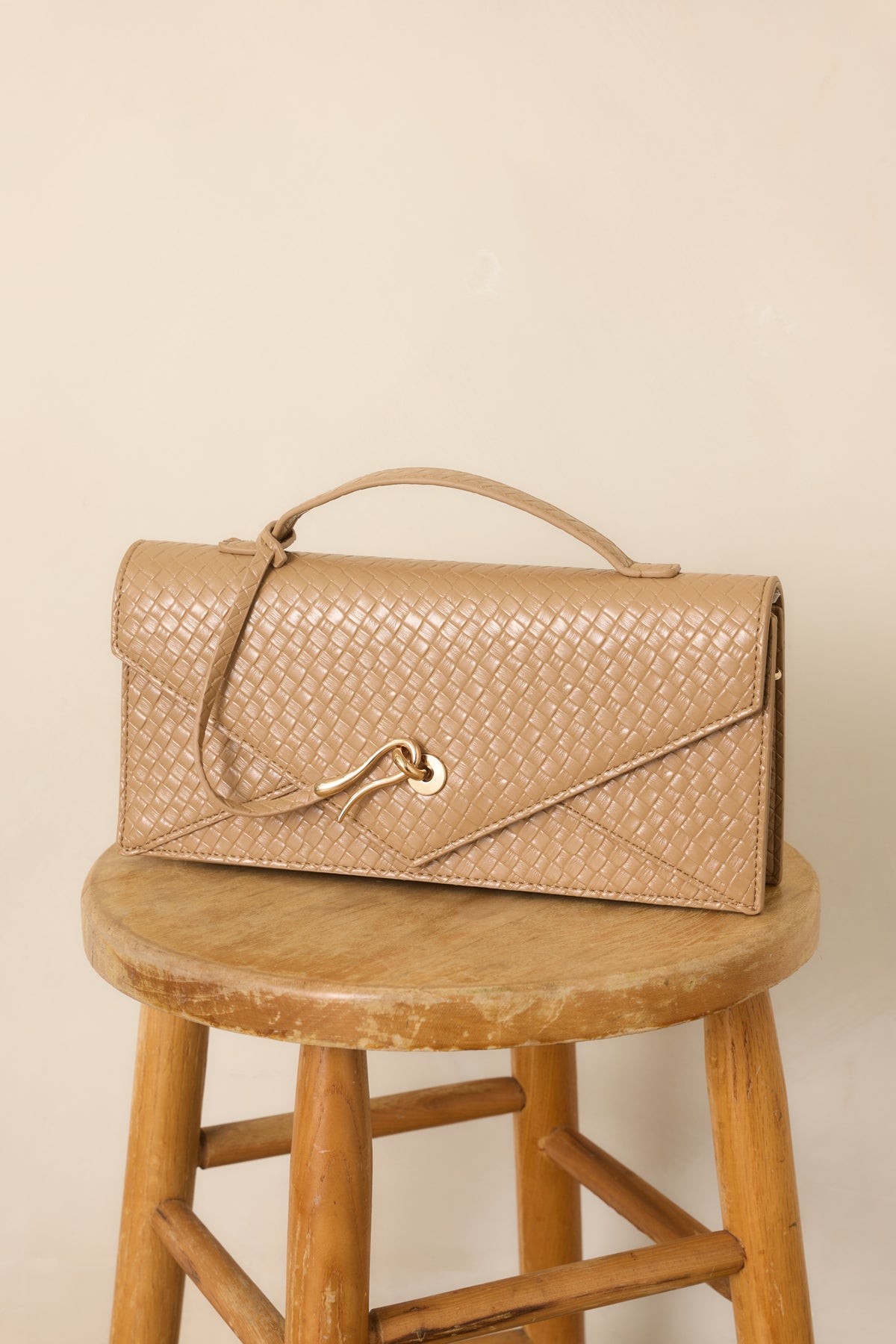 Sealed With A Kiss Tan Woven Top Handle Envelope Clutch