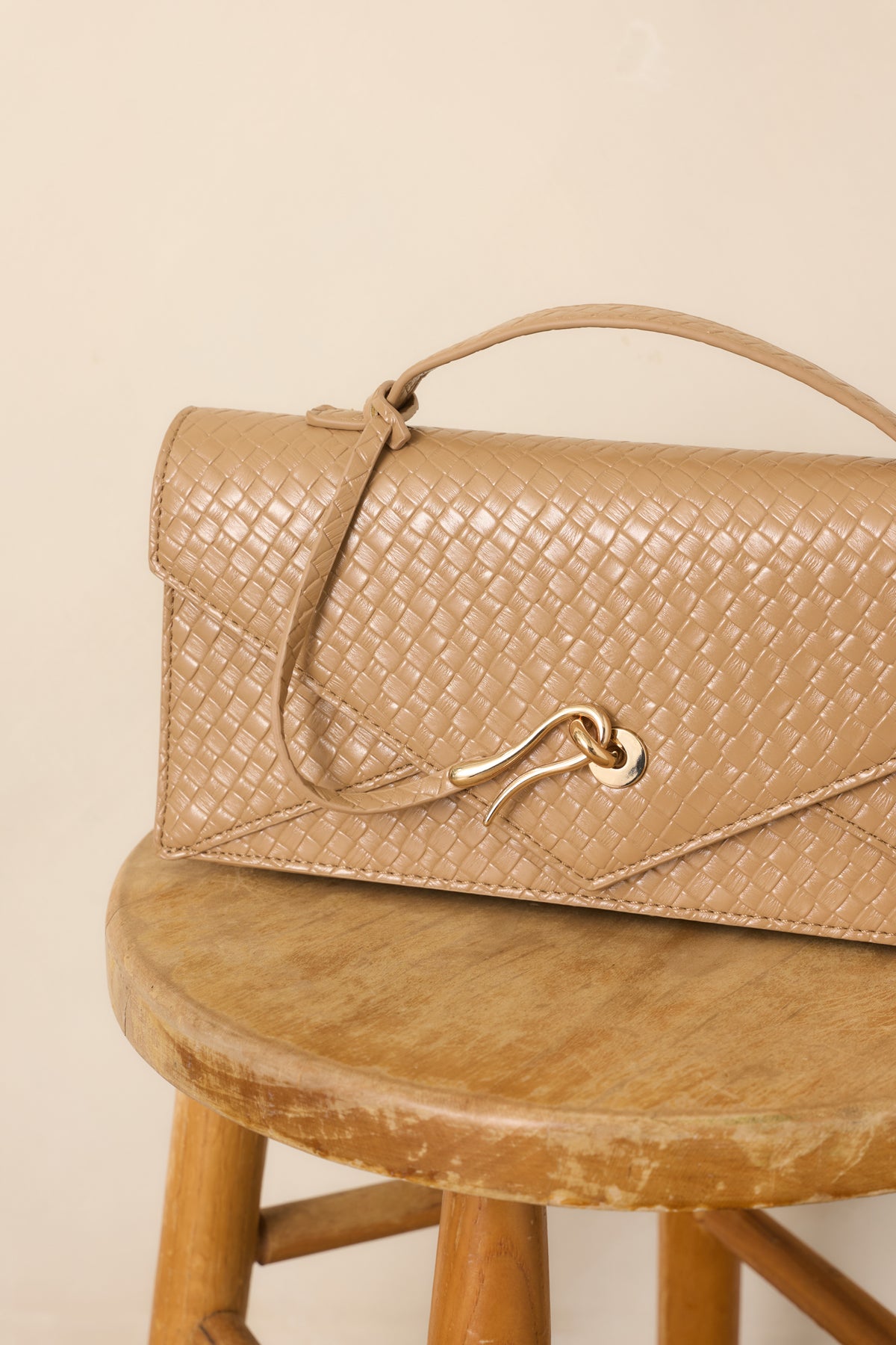 Sealed With A Kiss Tan Woven Top Handle Envelope Clutch