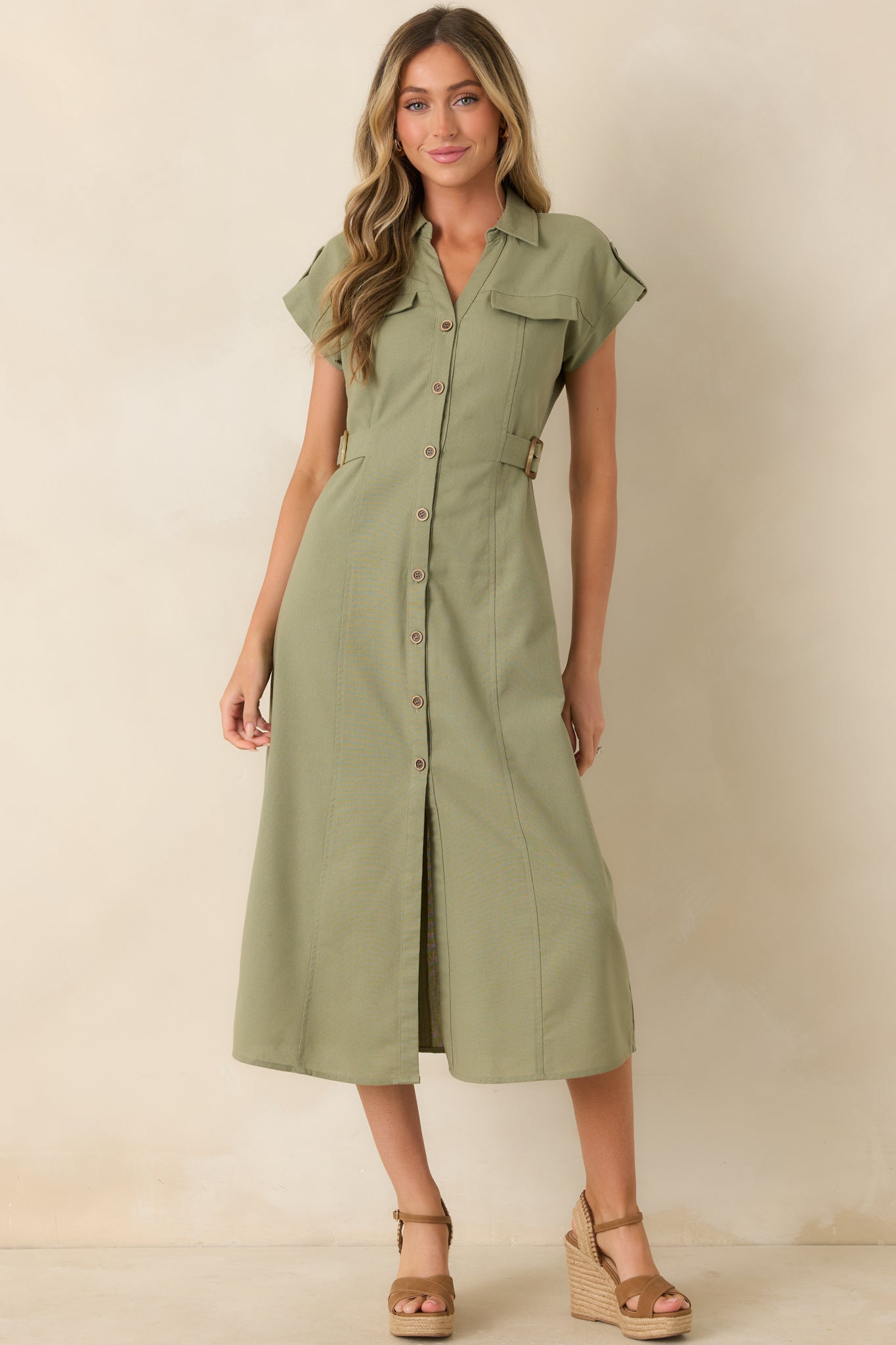 Easy Authority Sage Green Button Front Utility Midi Dress Easy Authority Sage Green Button Front Utility Midi Dress