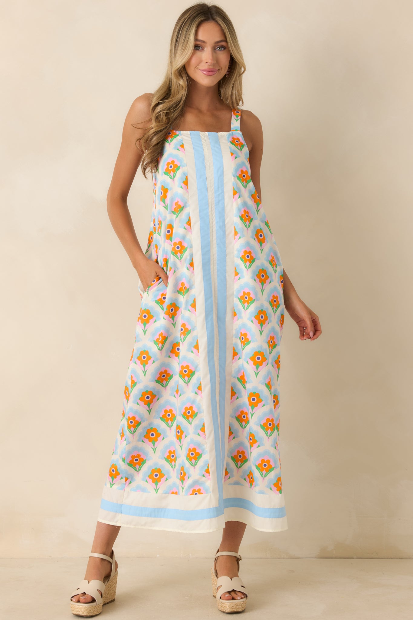 Red Dress | Blue Multi Floral Cotton Contrast Maxi Dress
