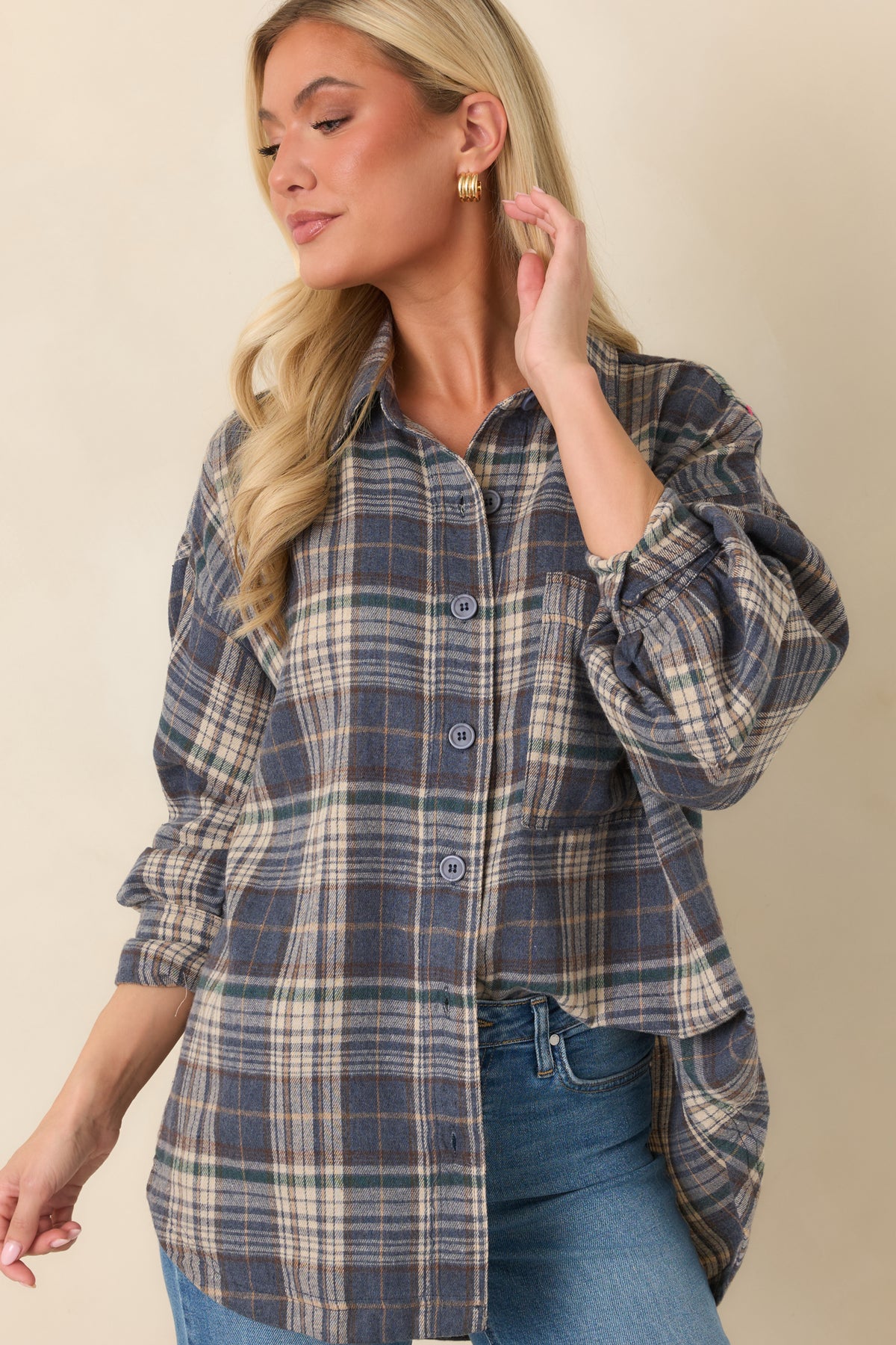 I’ll Put the Coffee On Slate Blue Multi Plaid Cotton Button-Up Shirt