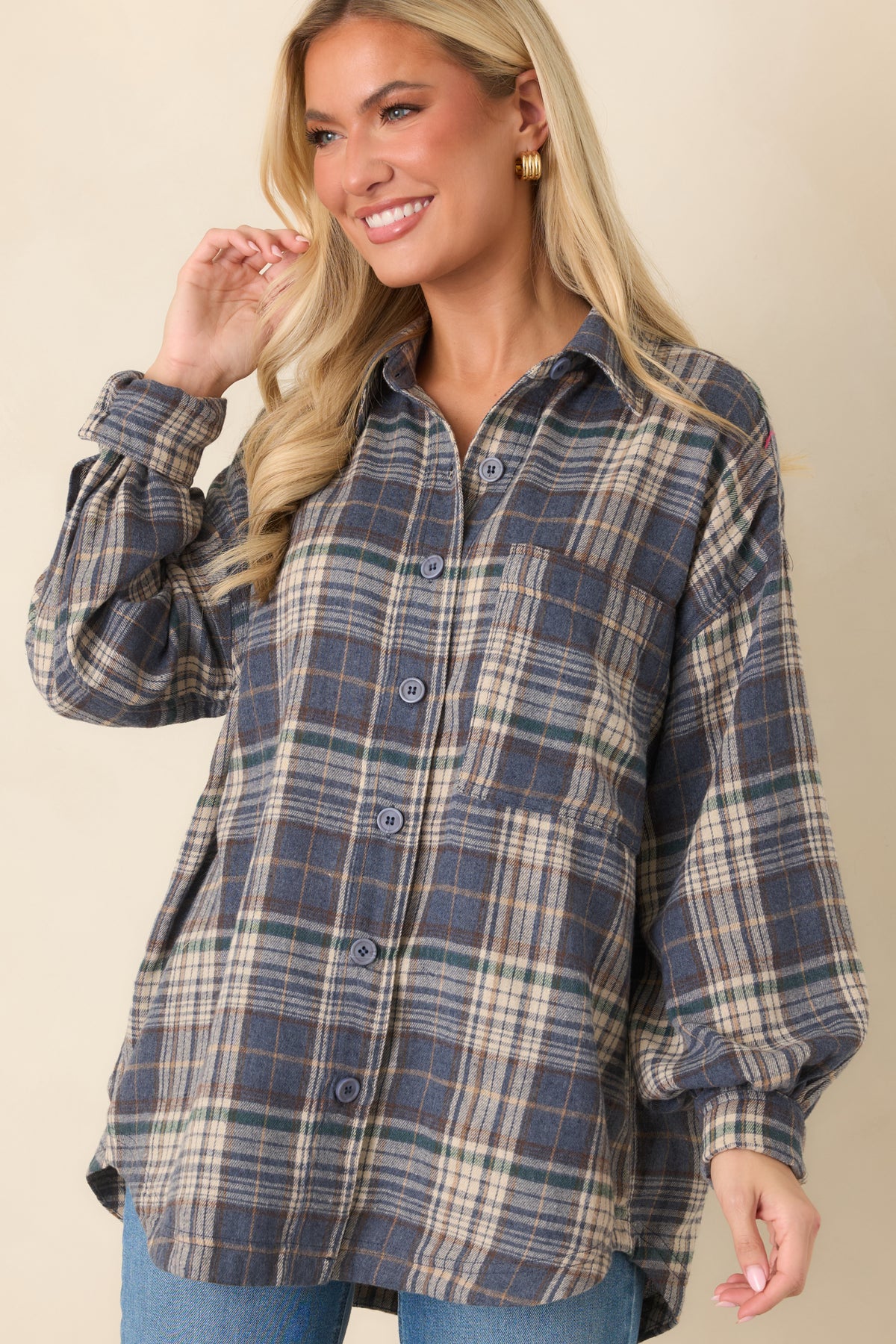 I’ll Put the Coffee On Slate Blue Multi Plaid Cotton Button-Up Shirt