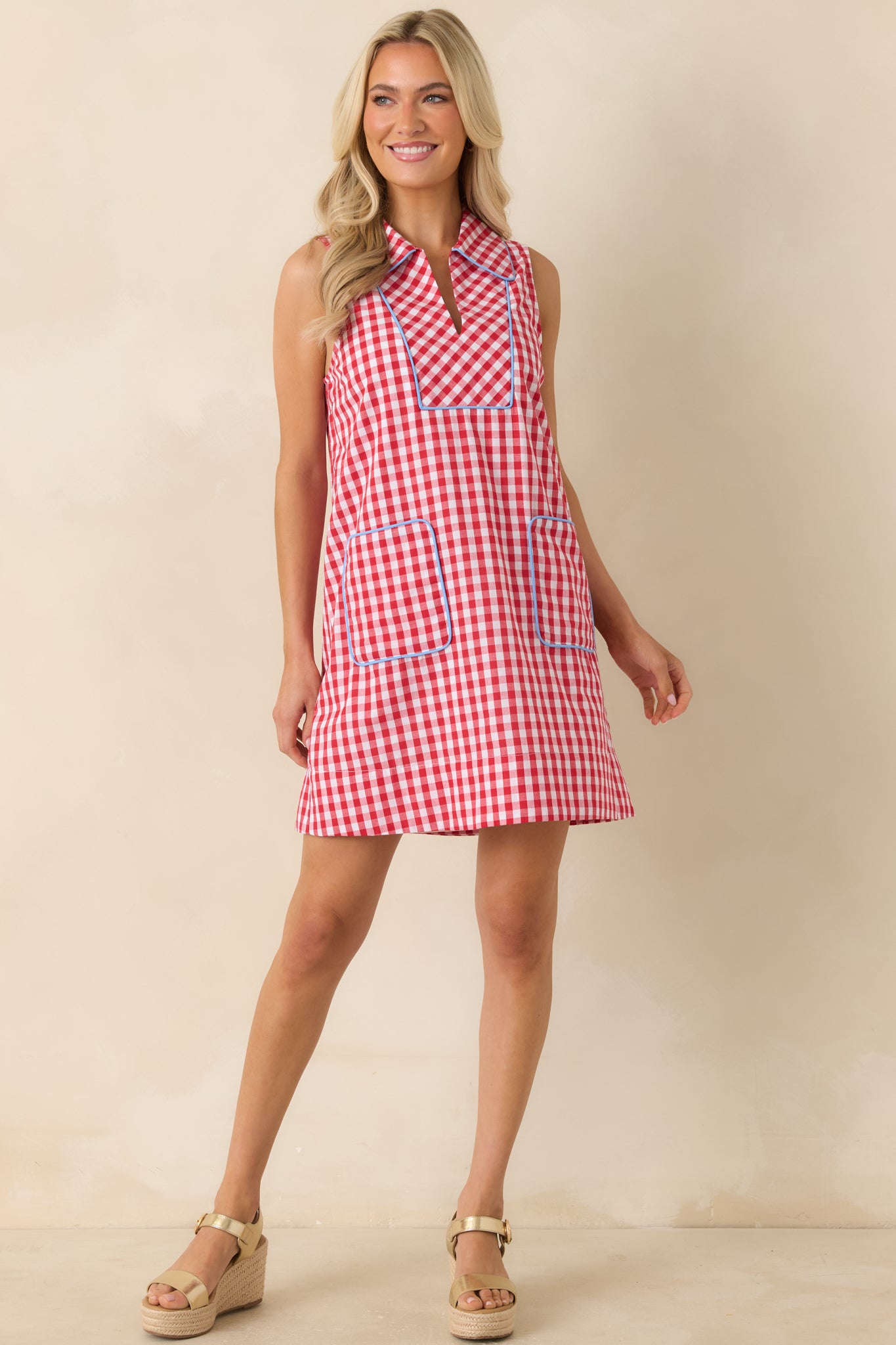 mini shift dresses Summer Side Dish Red Gingham Cotton Mini Shift Dress