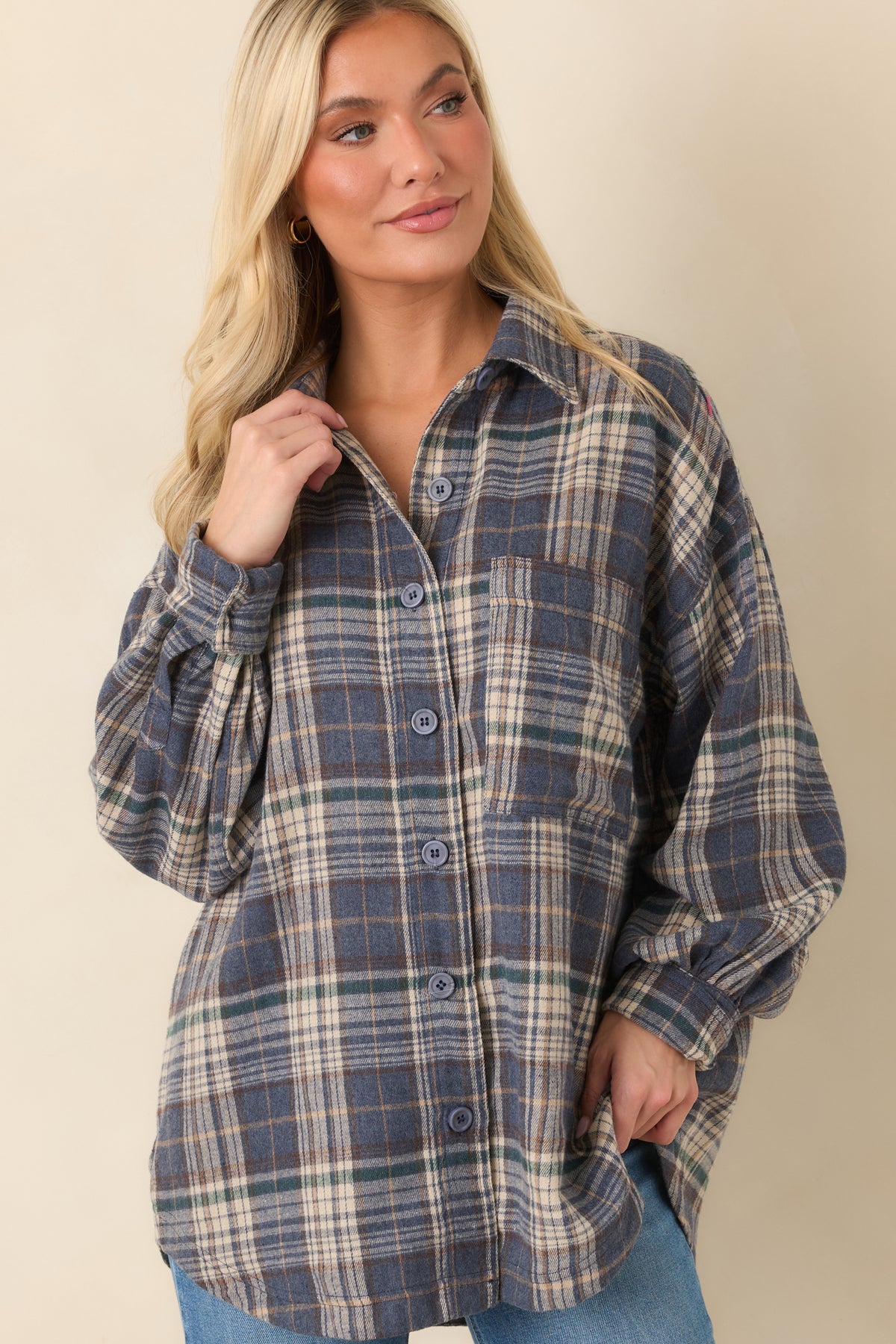I’ll Put the Coffee On Slate Blue Multi Plaid Cotton Button-Up Shirt