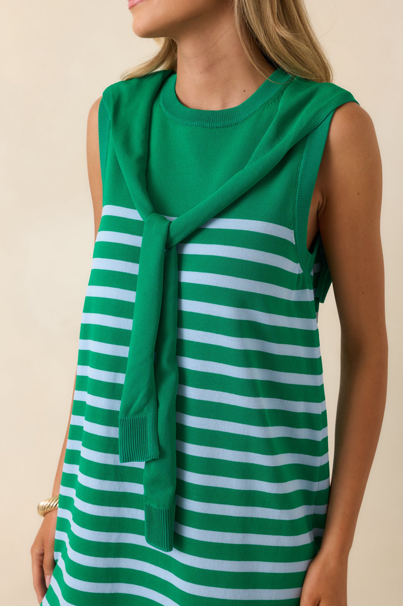 Fairway to Friday Green & Light Blue Stripe Layered Sweater Mini Dress