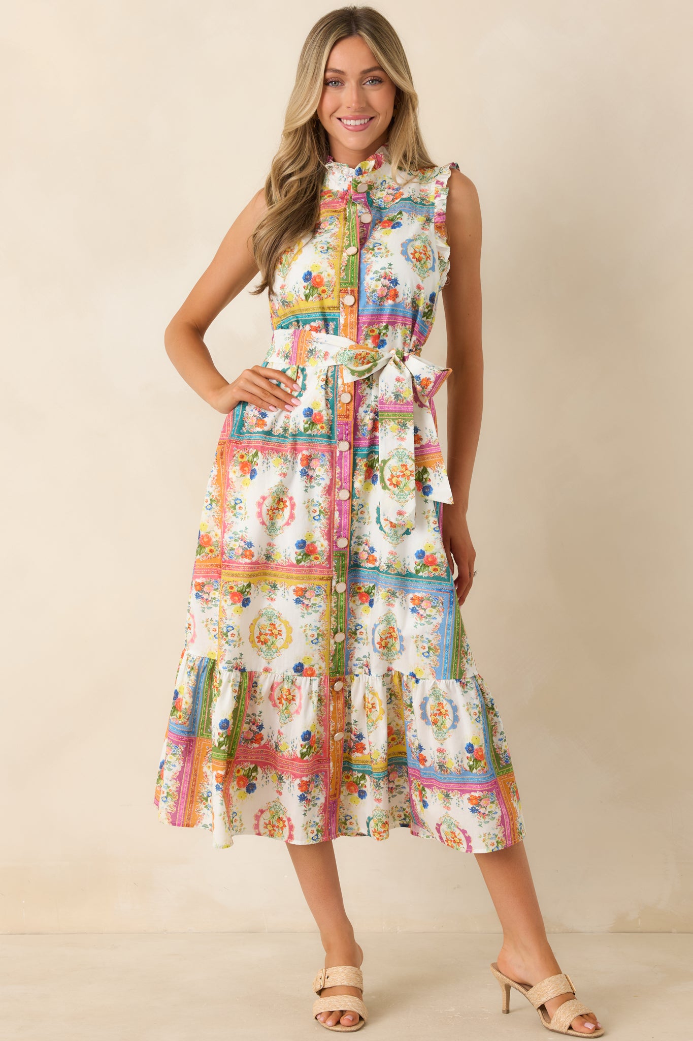 Multi print midi dress with ruffle detailing and relaxed yet shaped cotton construction.