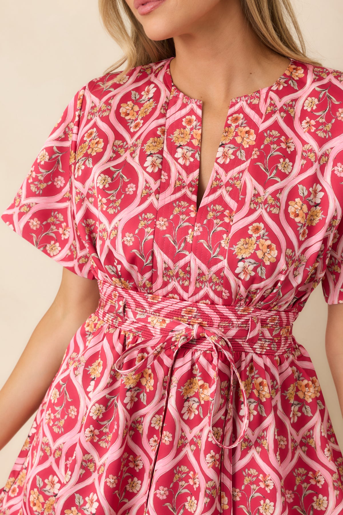Along the Garden Path Pink Multi Floral Tie Waist Mini Dress