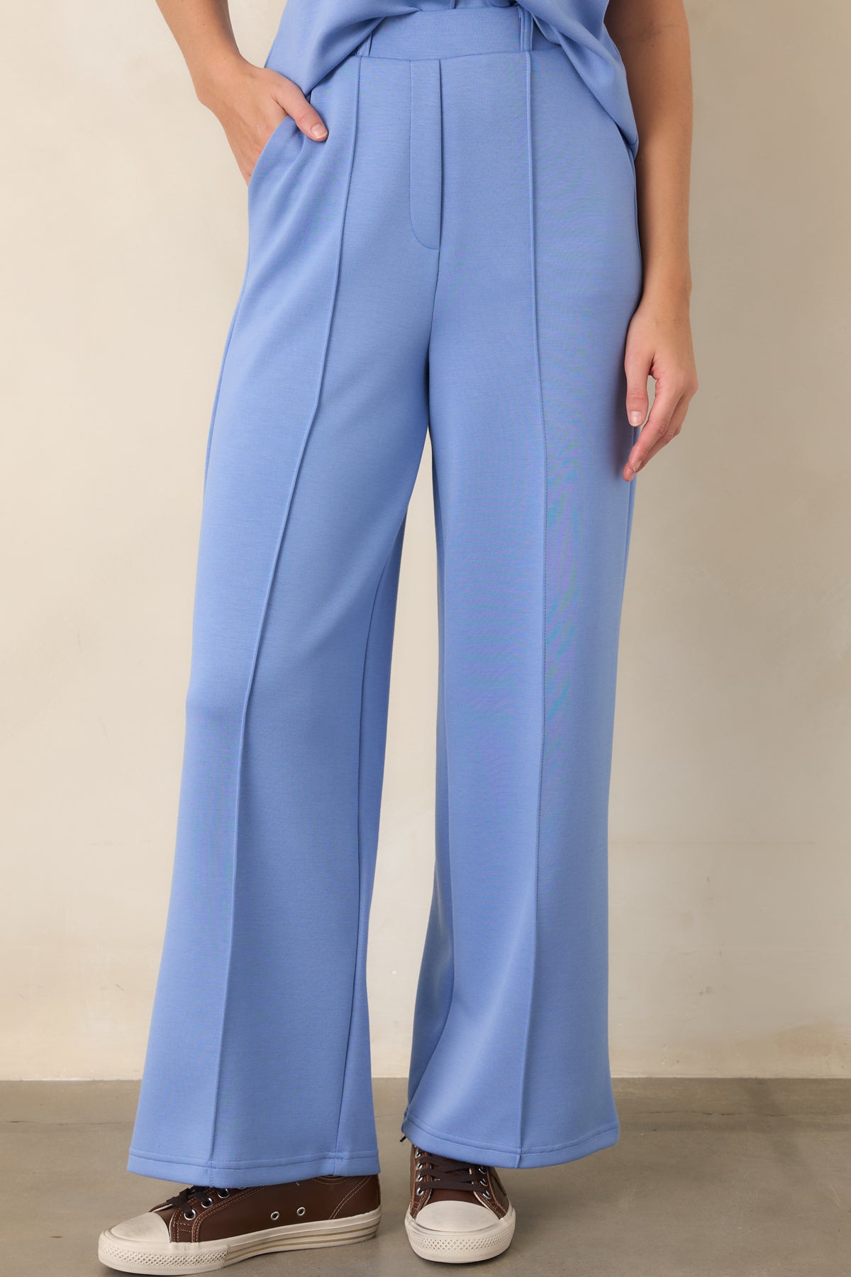 Ready to Jet Horizon Blue Knit High-Waisted Wide-Leg Pants