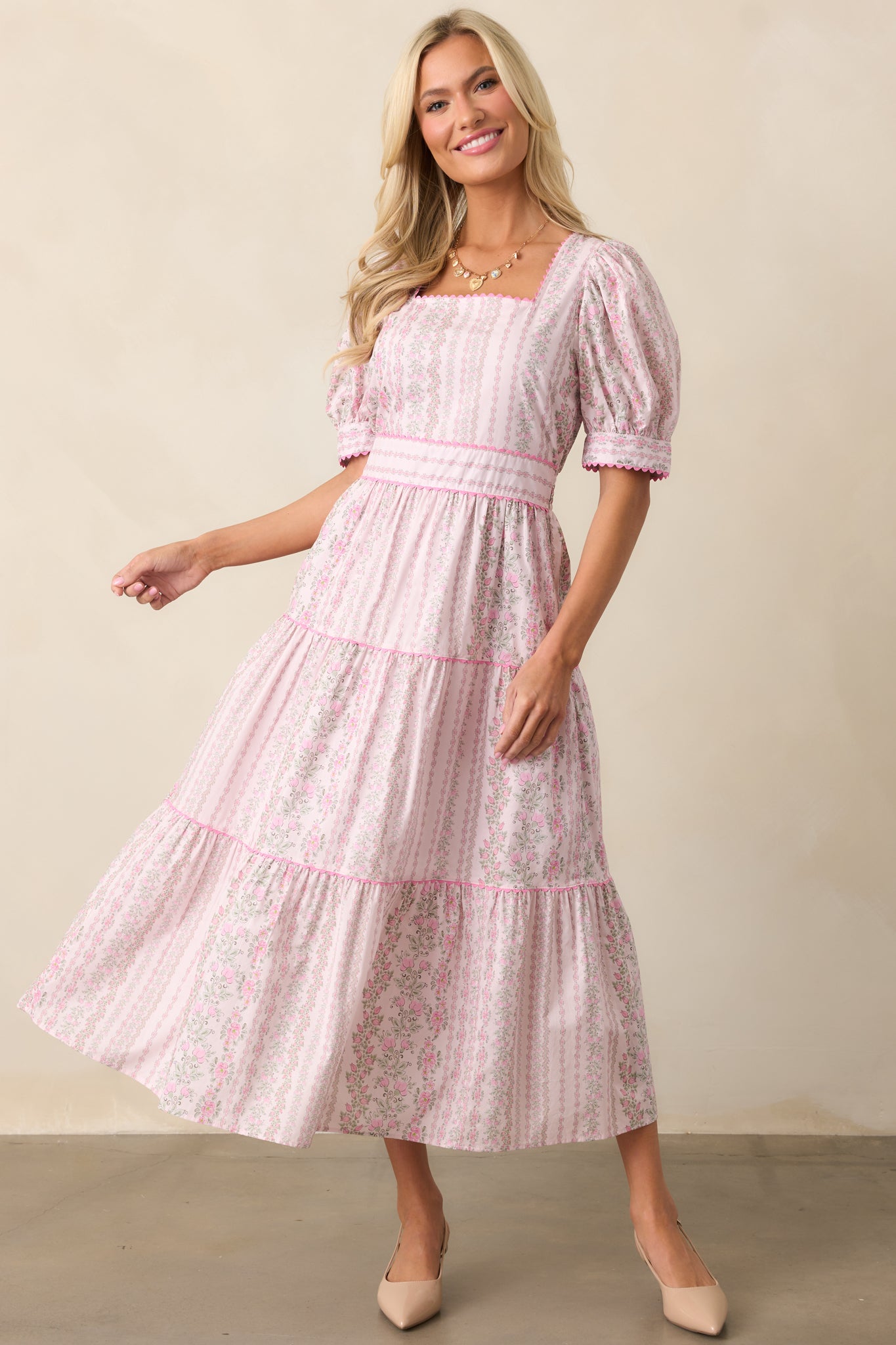 Cotton Light Pink Floral Midi Dress - All Dresses | Red Dress Cotton Light Pink Floral Midi Dress - All Dresses | Red Dress