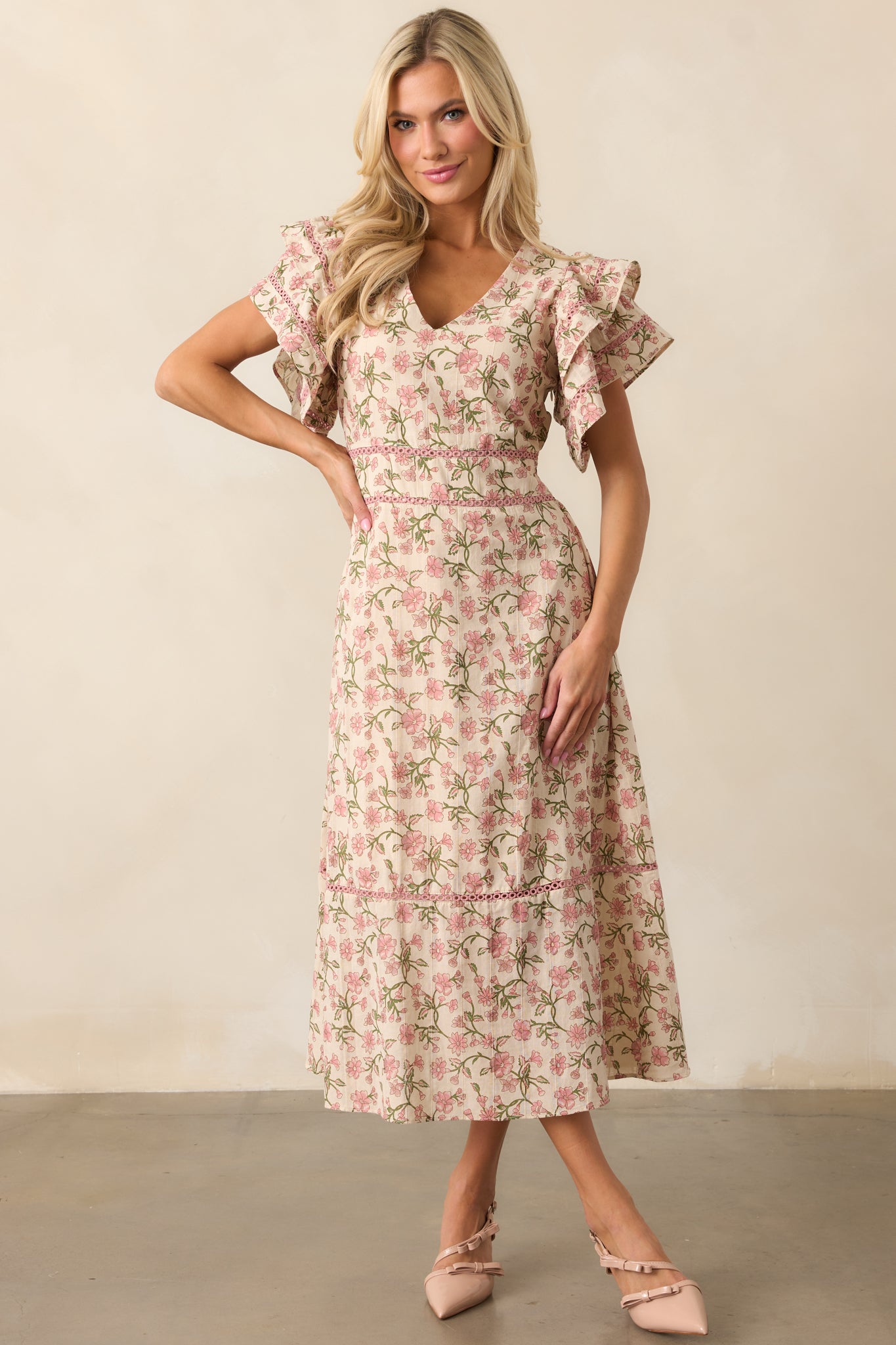 Cotton Rose Pink Flutter Sleeve Midi Dress - All Dresses | Red Dress Cotton Rose Pink Flutter Sleeve Midi Dress - All Dresses | Red Dress