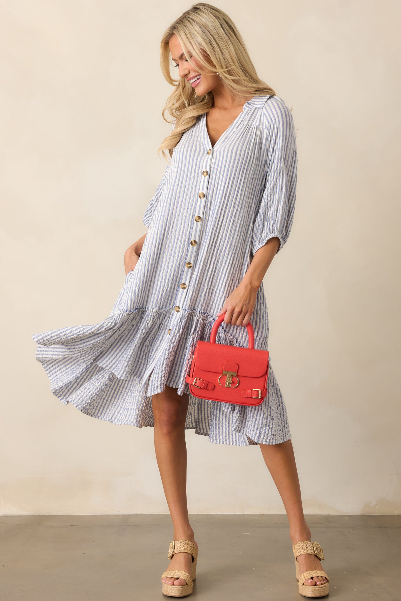 Light Blue Stripe Button Front Mini Dress - All Dresses | Red Dress Light Blue Stripe Button Front Mini Dress - All Dresses | Red Dress