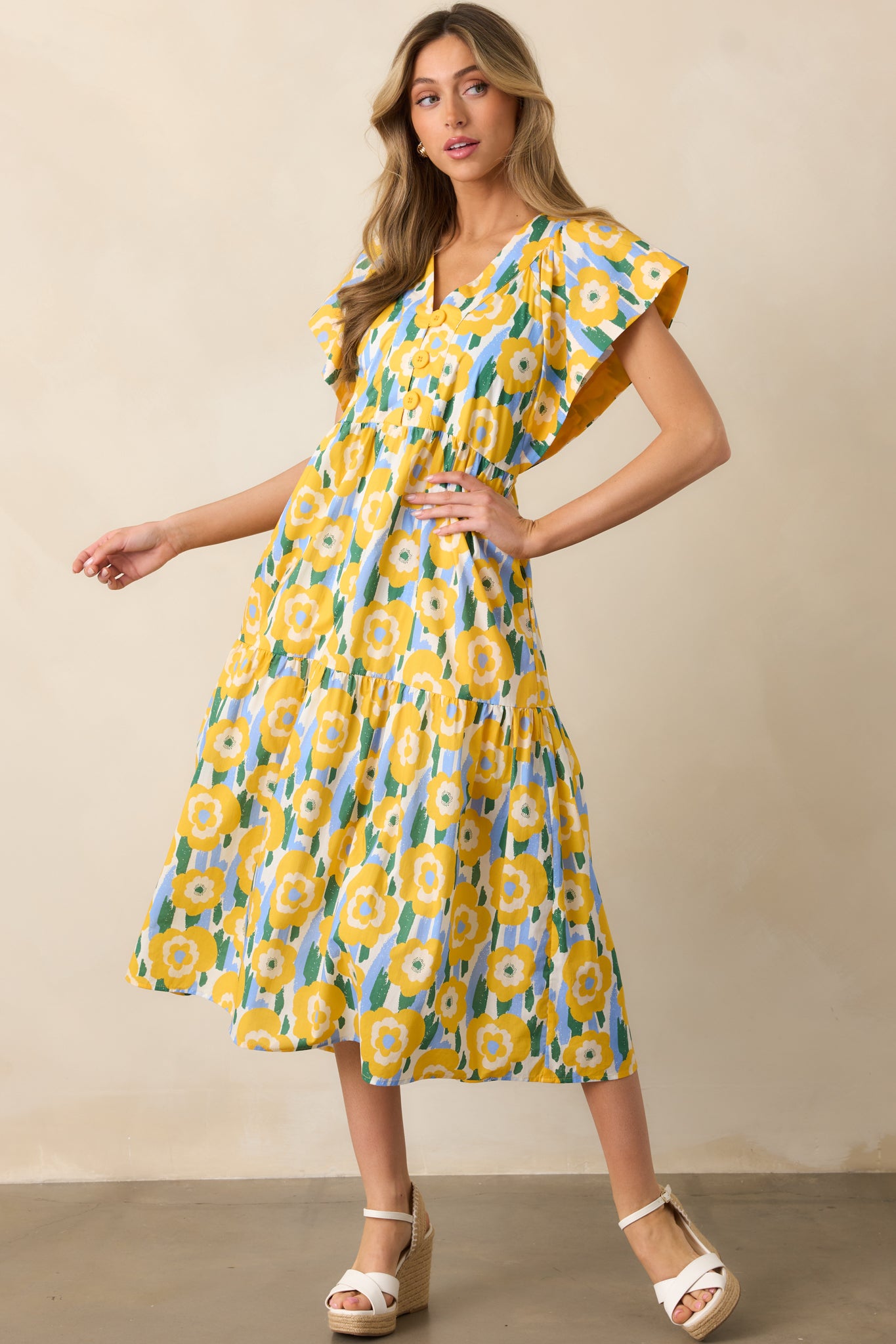 Yellow Floral Flutter Sleeve Midi Dress - All Dresses - Red Dress Yellow Floral Flutter Sleeve Midi Dress - All Dresses - Red Dress