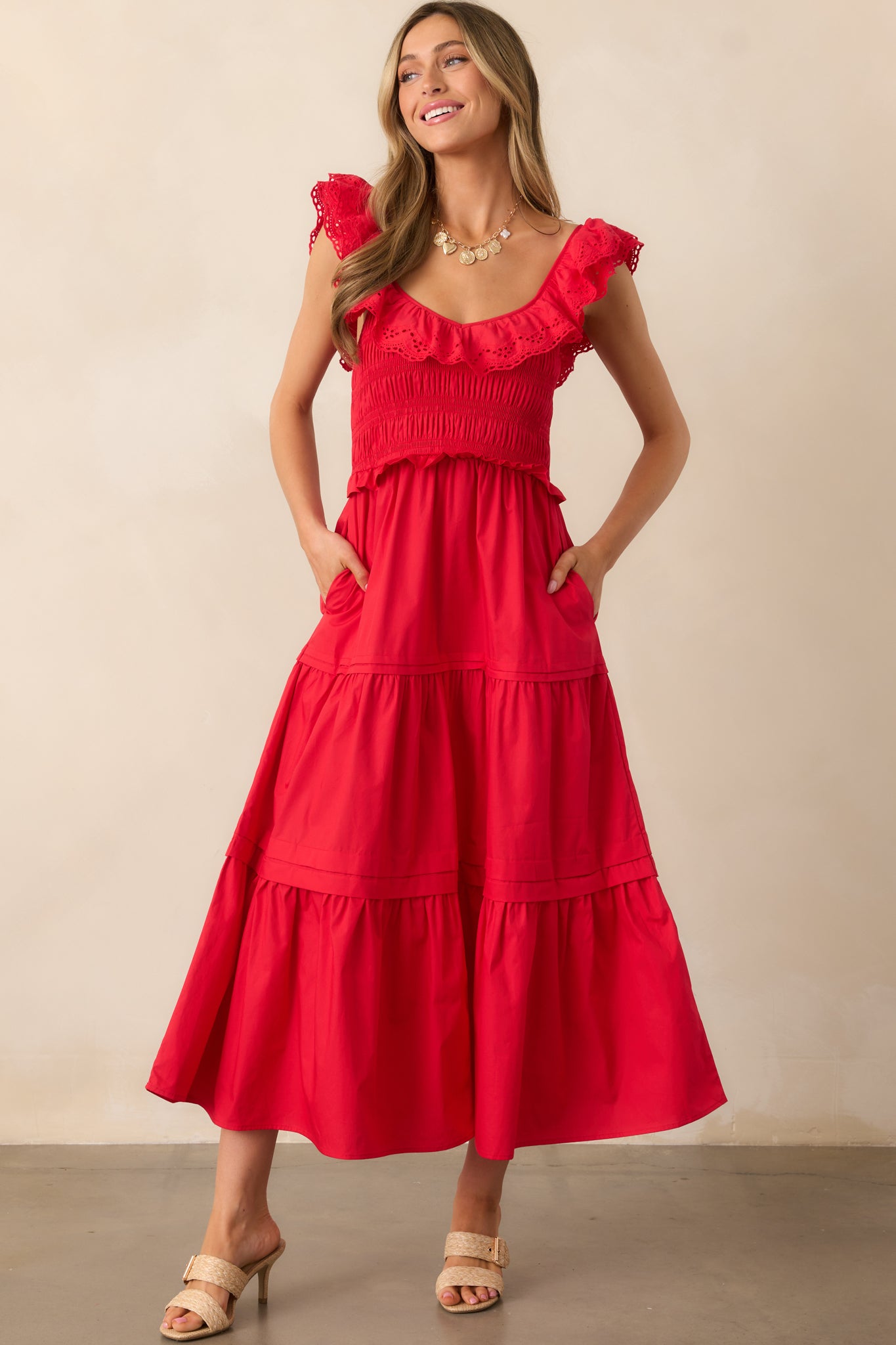 Patio Sunsets Cotton Red Maxi Dress - Main Image