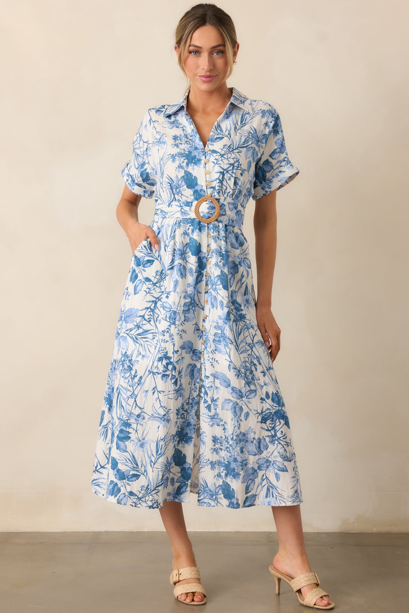 White Blue Floral Belted Midi Dress All Dresses Red Dress